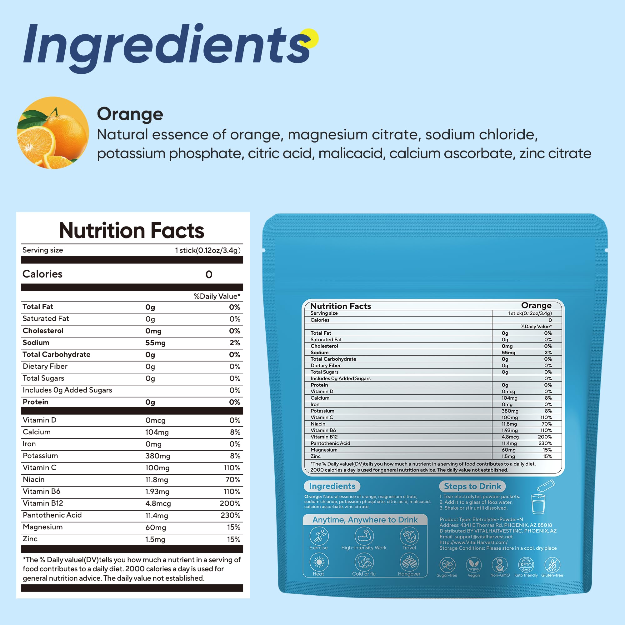 Sachets VitalHarvest électrolytes orange, utilisation portable pour rester hydraté en déplacement.