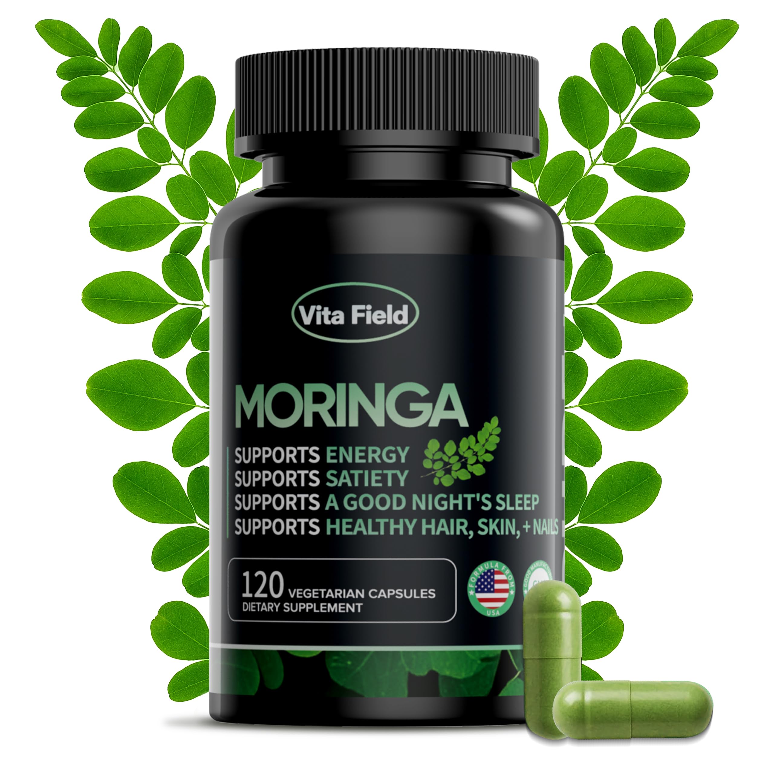 Gélules Vita Field Moringa dans la boîte, routine quotidienne simple pour énergie naturelle.