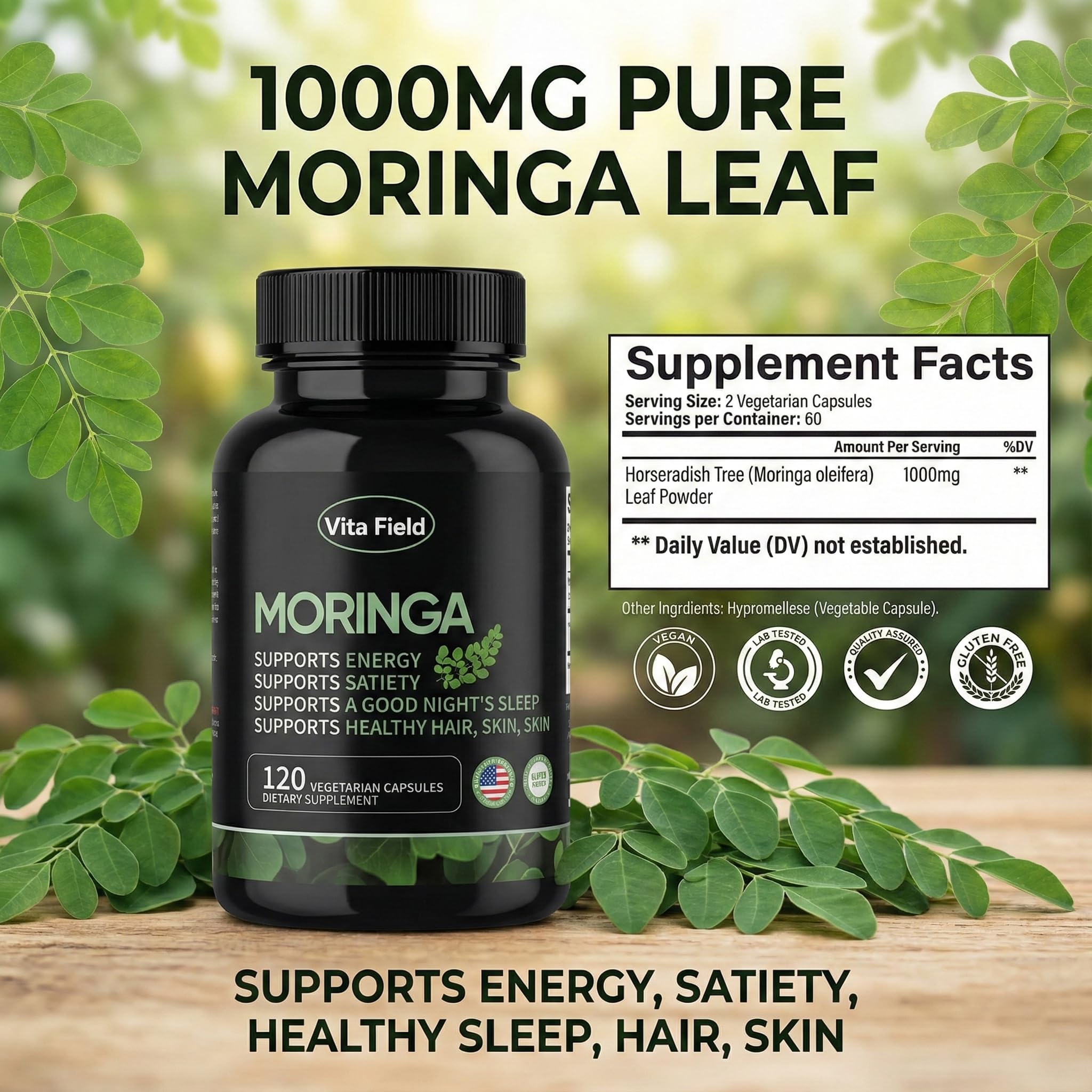 Bouteille ouverte Vita Field Moringa, démontrant l'utilisation simple au quotidien.