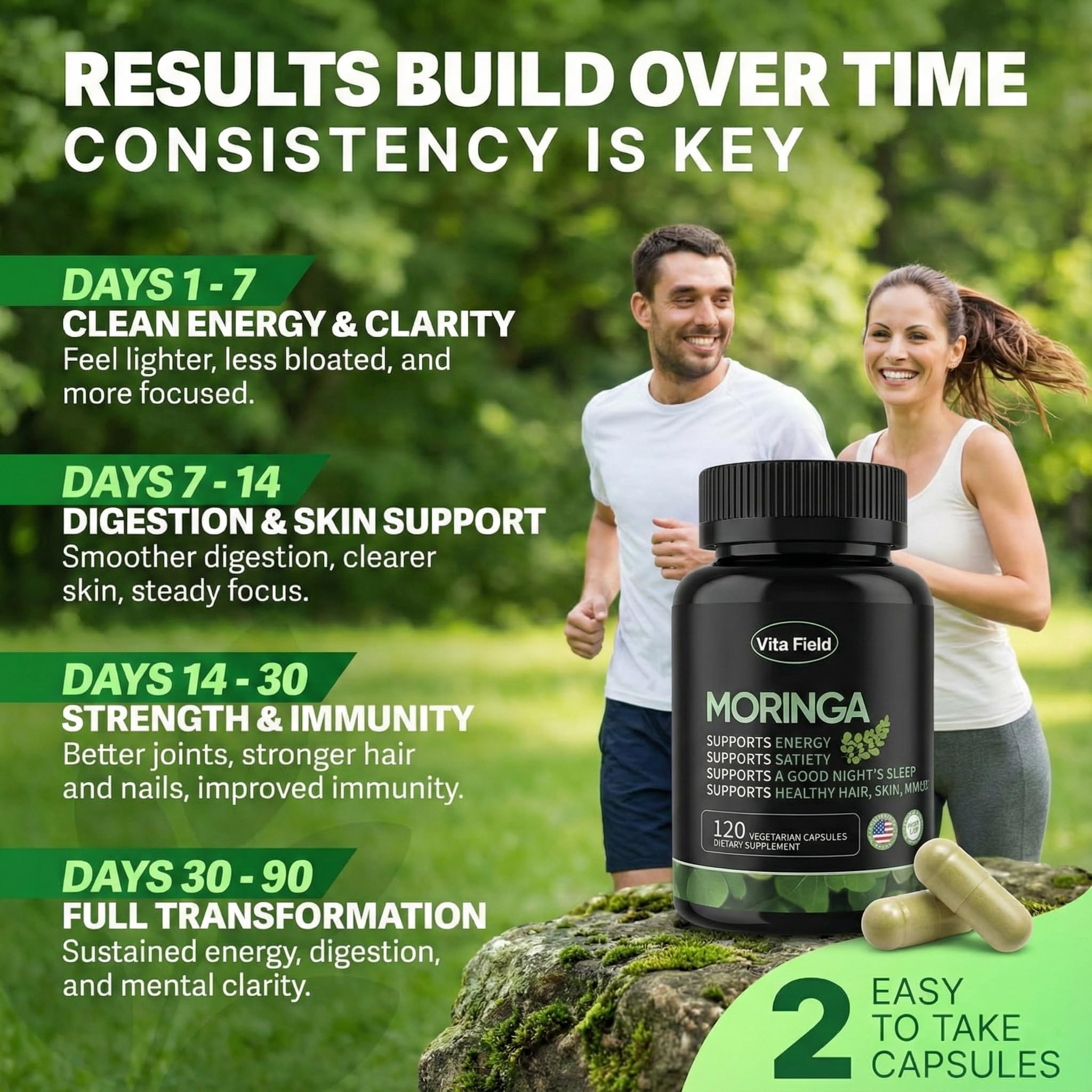Étiquette Vita Field Moringa affichant ingrédients purs et sans OGM.