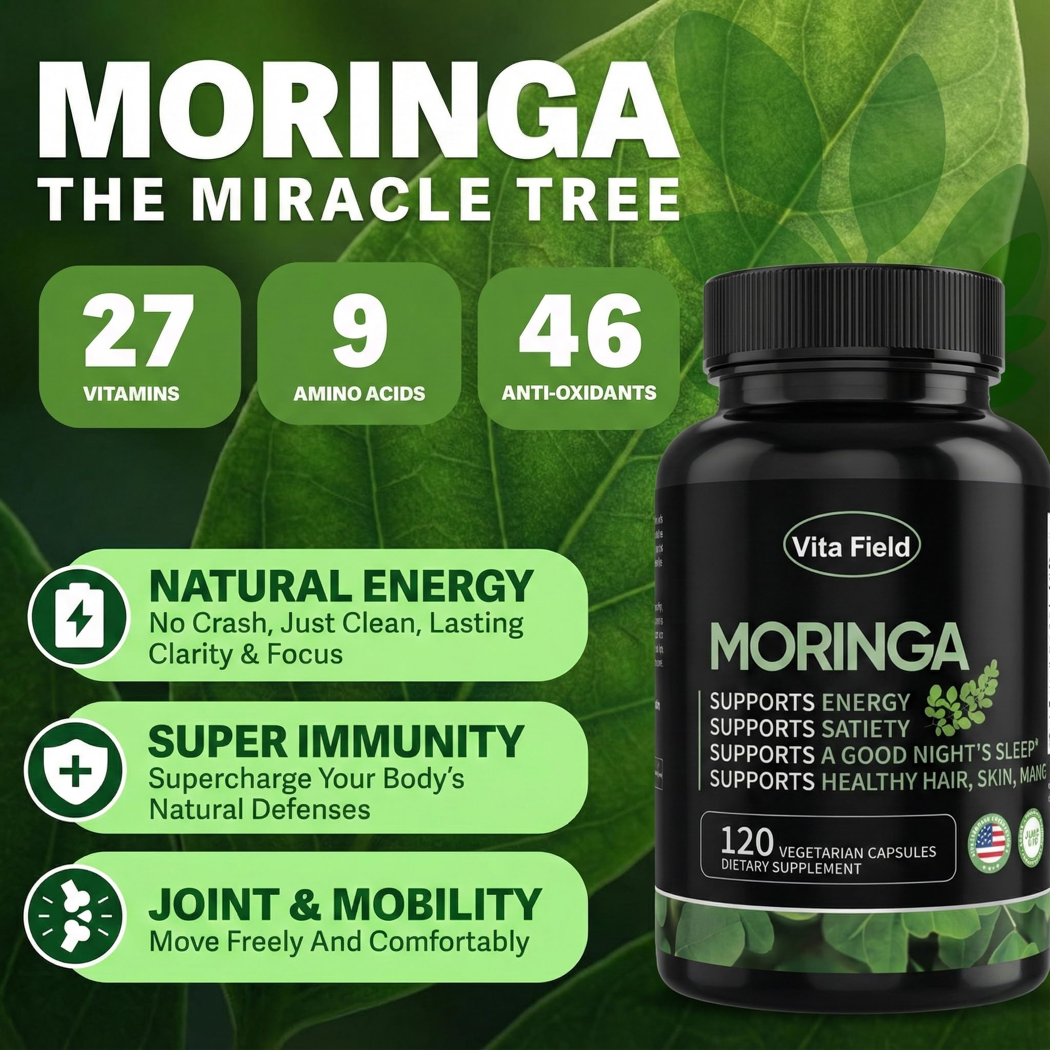 Gélules Vita Field Moringa en prise quotidienne, soutien durable de l'énergie.