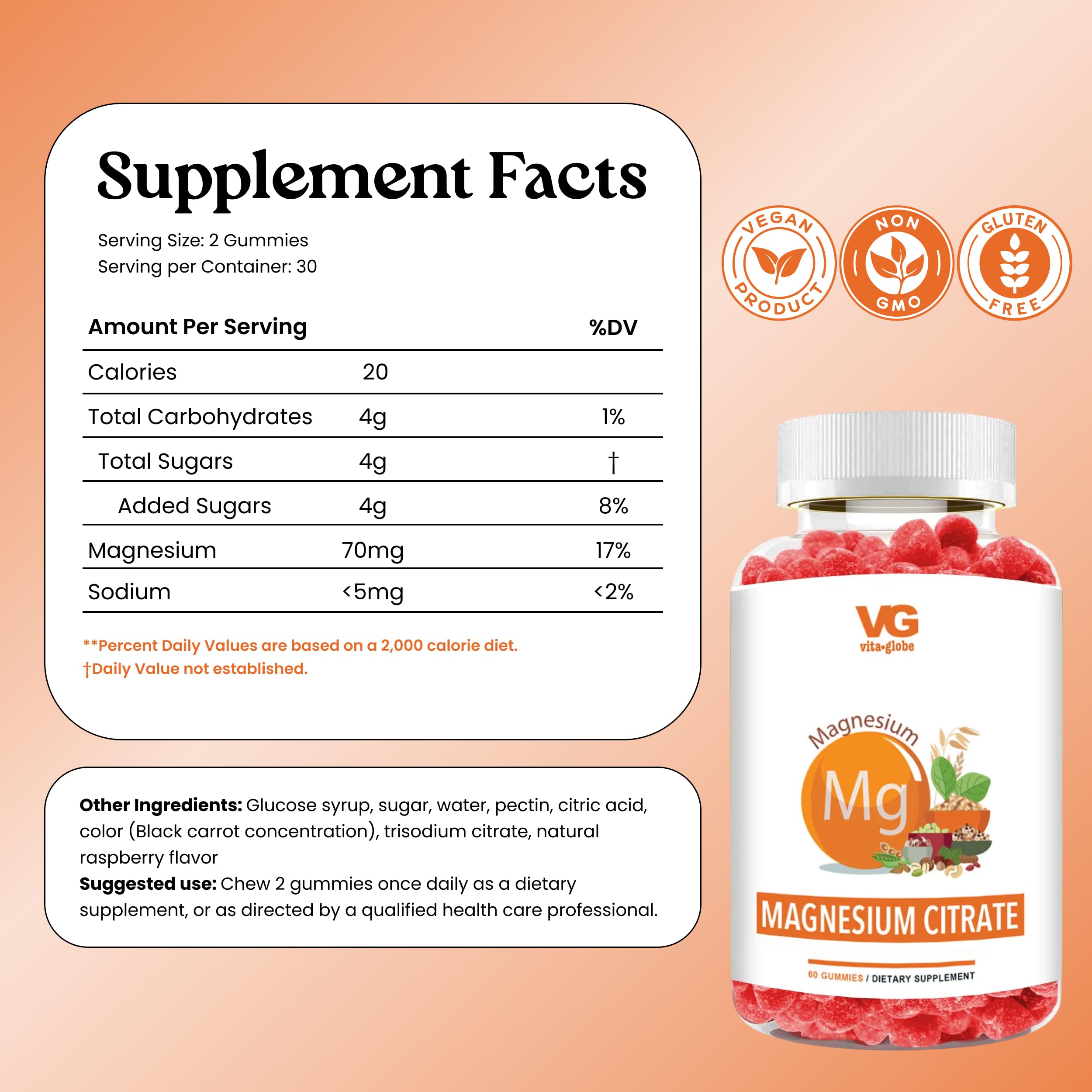 Gummies VITA GLOBE magnésium citrate – 70 mg pour énergie et récupération.