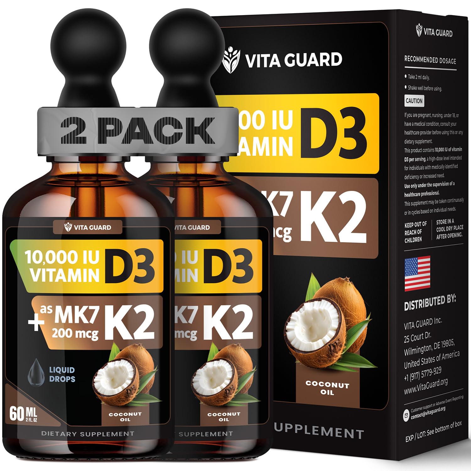 Vita Guard bouteille gouttes D3 K2 60 ml pour absorption et soutien osseux.