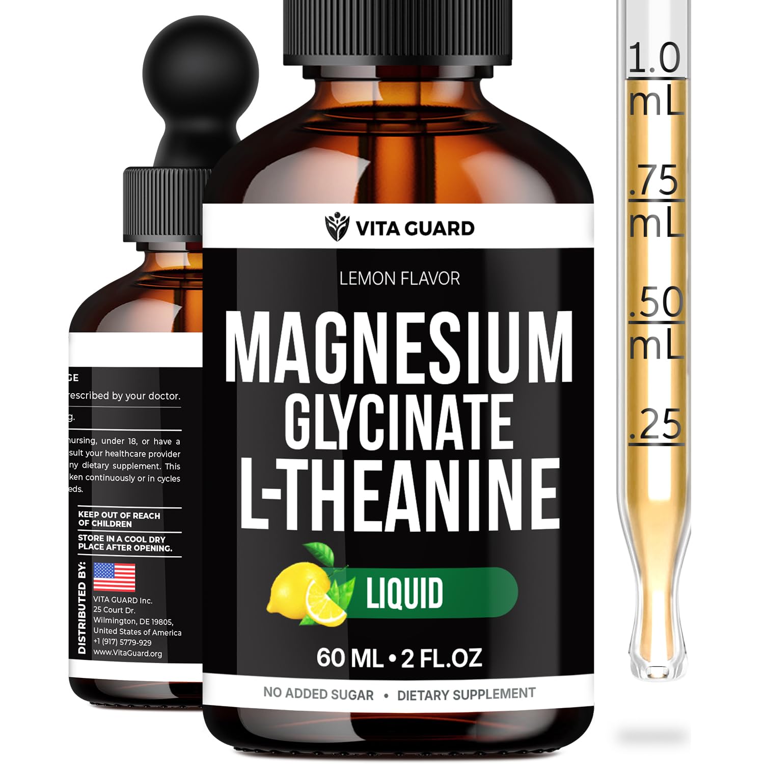 Vita Guard L-Theanine Magnesium Glycinate gouttes bouteille: relaxation potentielle et détente.