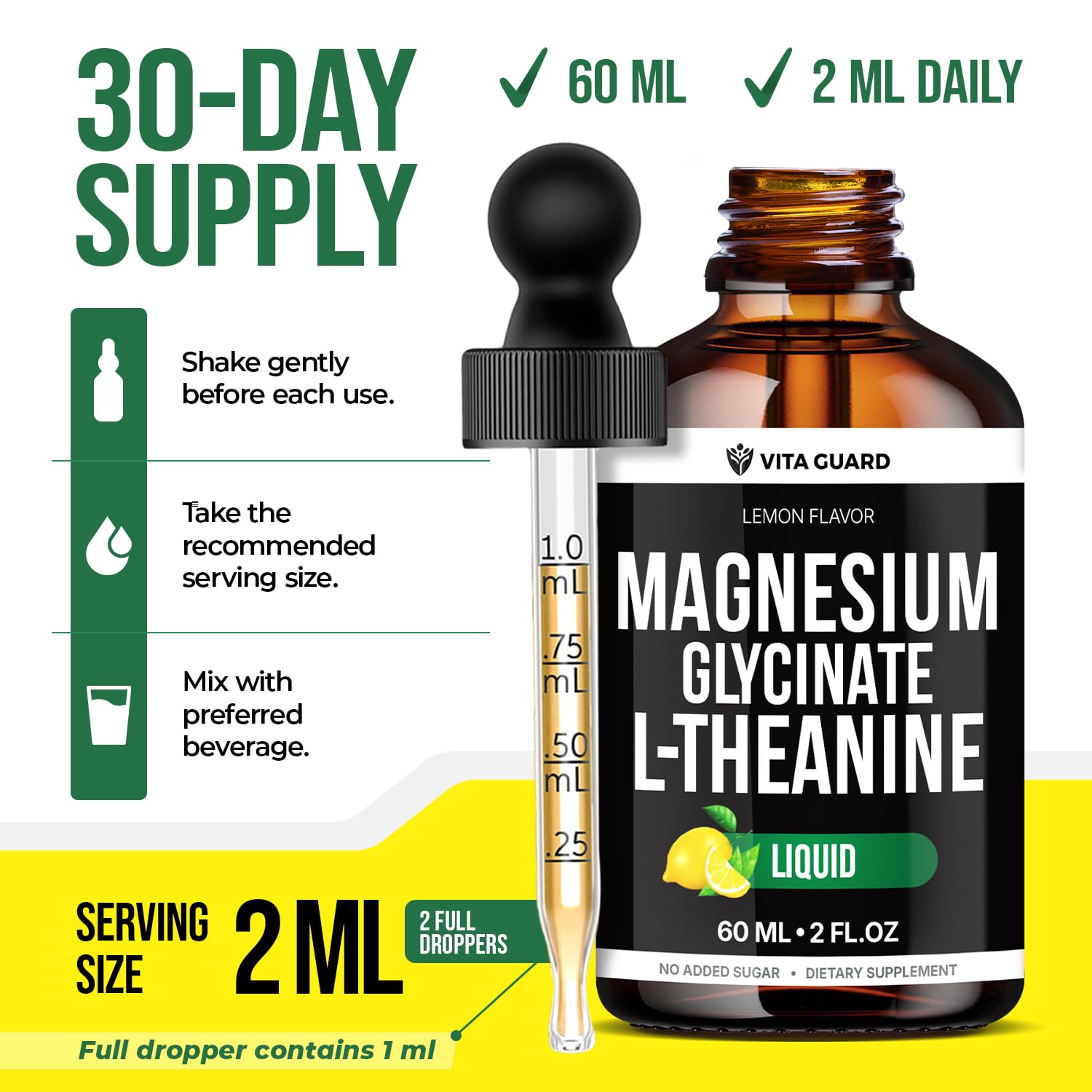 Vita Guard L-Theanine Magnesium Glycinate gouttes etiquette rouge: format pratique.