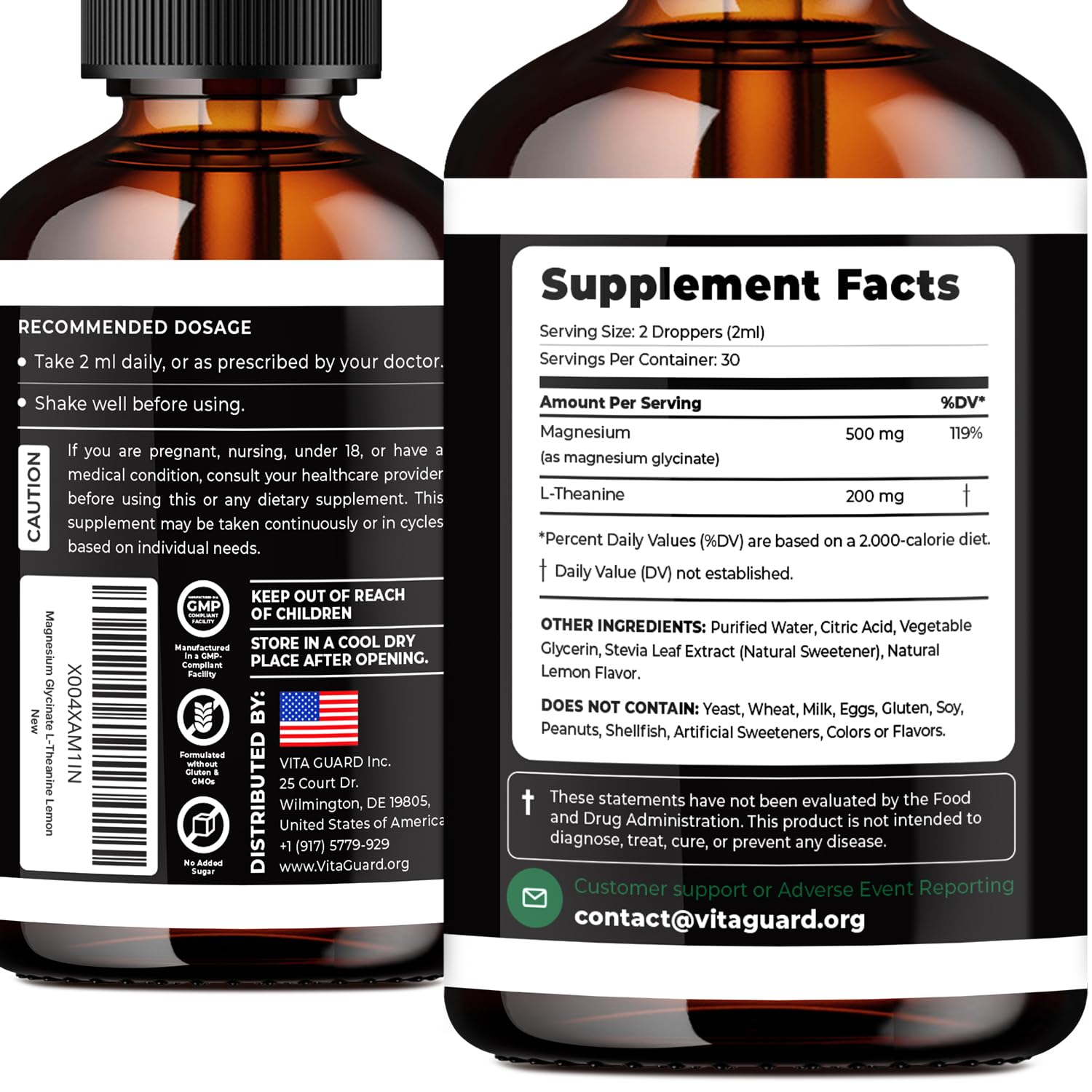 Vita Guard L-Theanine Magnesium Glycinate gouttes odeur douce: rituel apaisant.