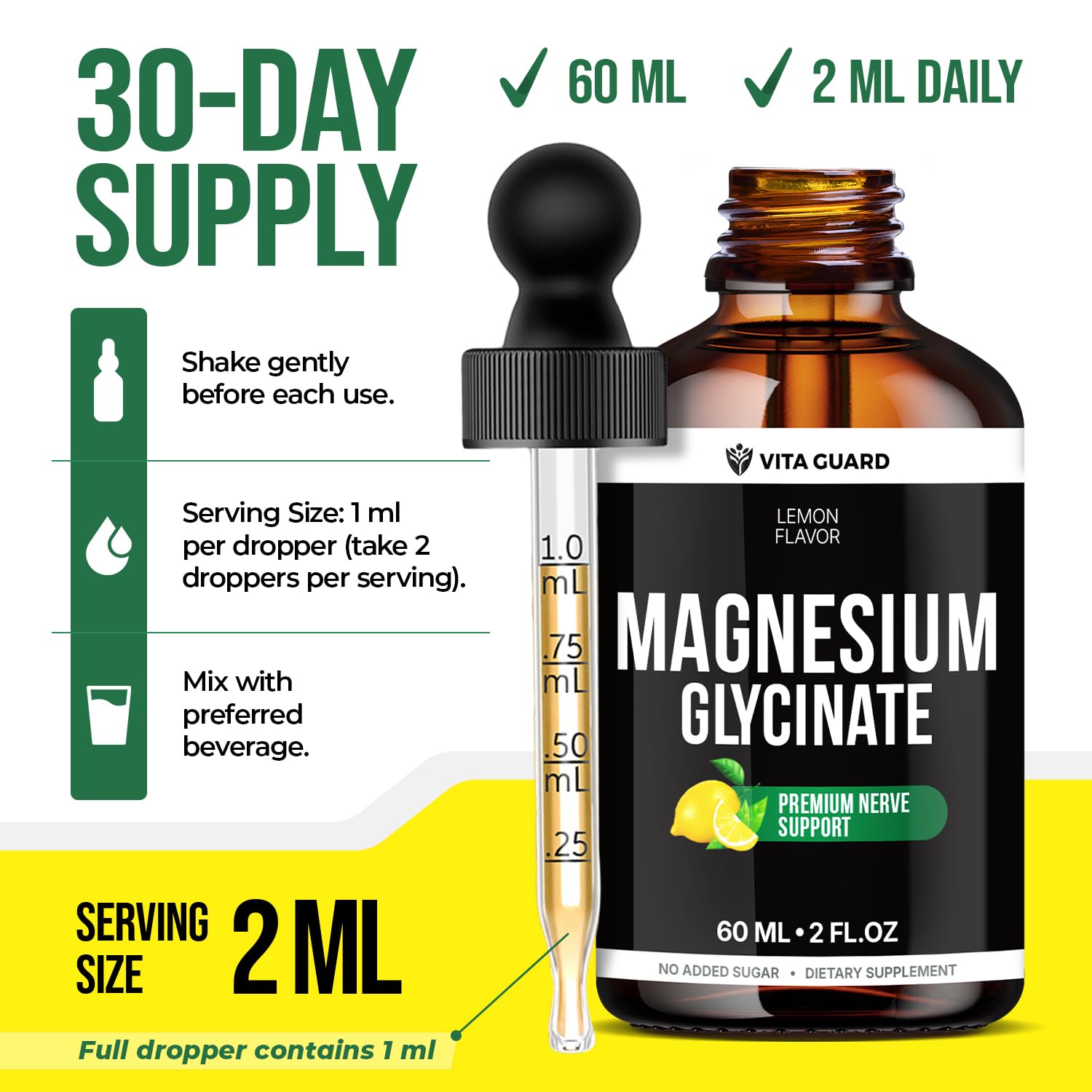 Vita Guard Magnesium Glycinate Gouttes Vegan Sans Sucre: formule adaptée vegan