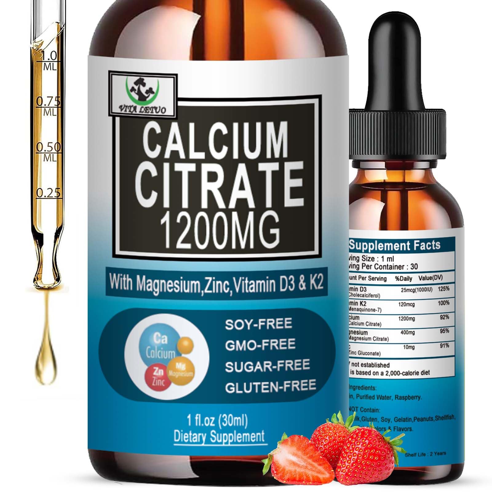 Vita letuo bouteille de gouttes calcium citrate D3, concentration élevée pour les os