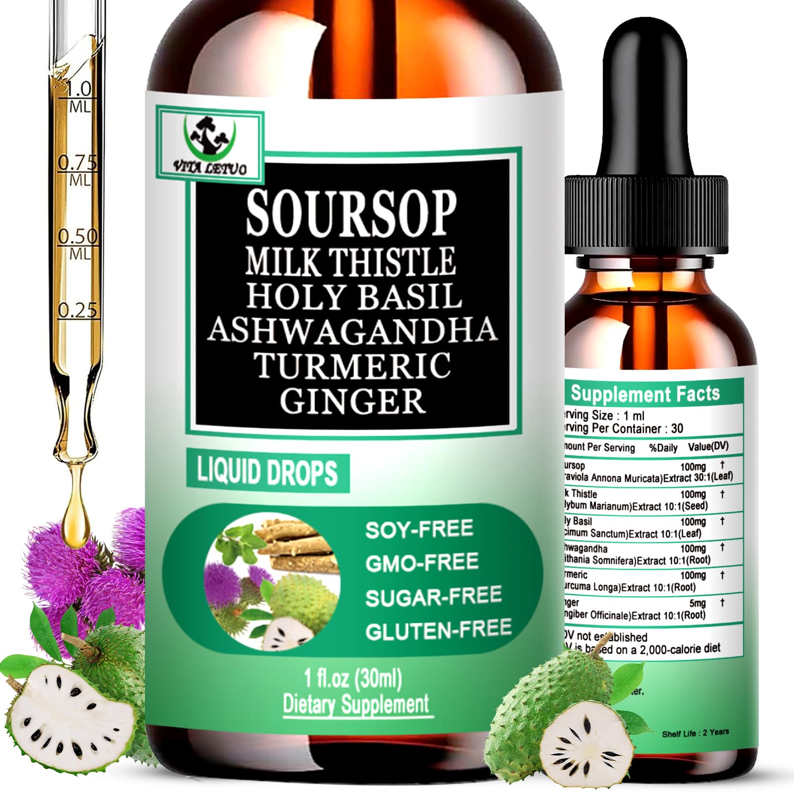 Vita Letuo bouteille Soursop Drops, soutien immunitaire potentiel et énergie naturelle.