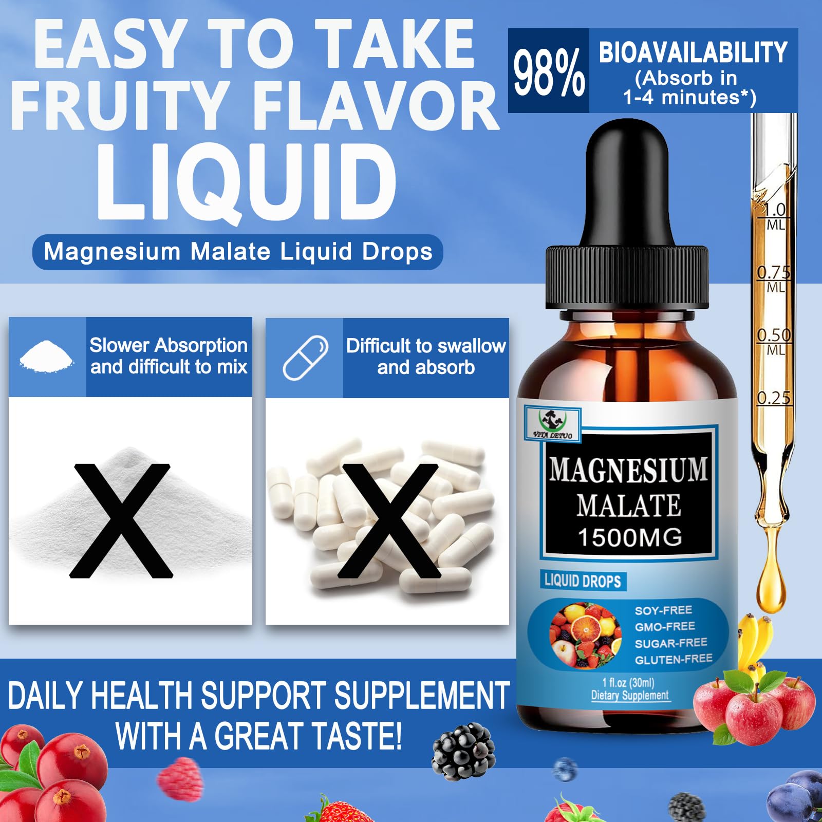 Étiquette indiquant 1500 mg par portion pour magnésium Malate Vita Letuo.
