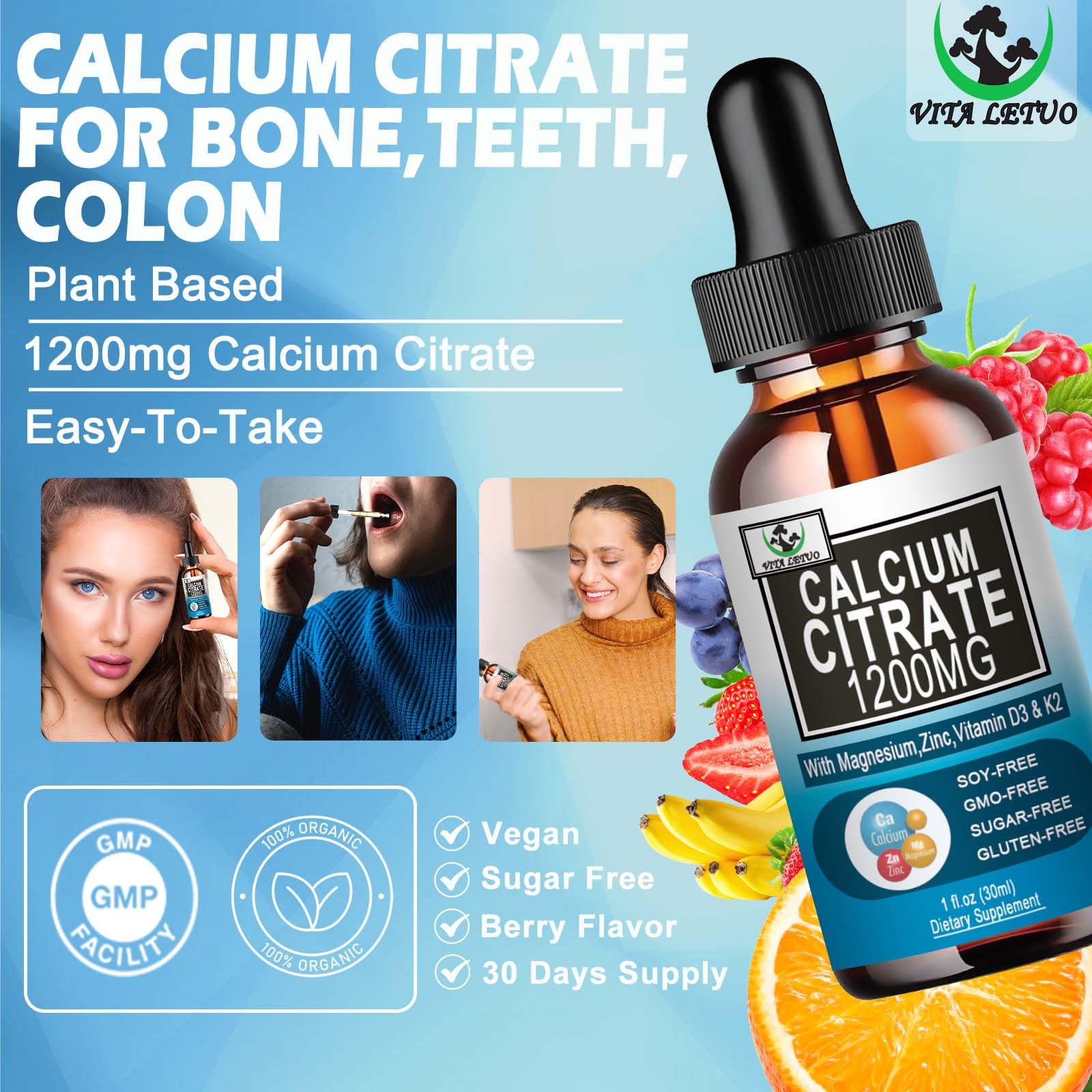 Vita letuo étiquette ingrédients: calcium citrate, magnésium, zinc et D3