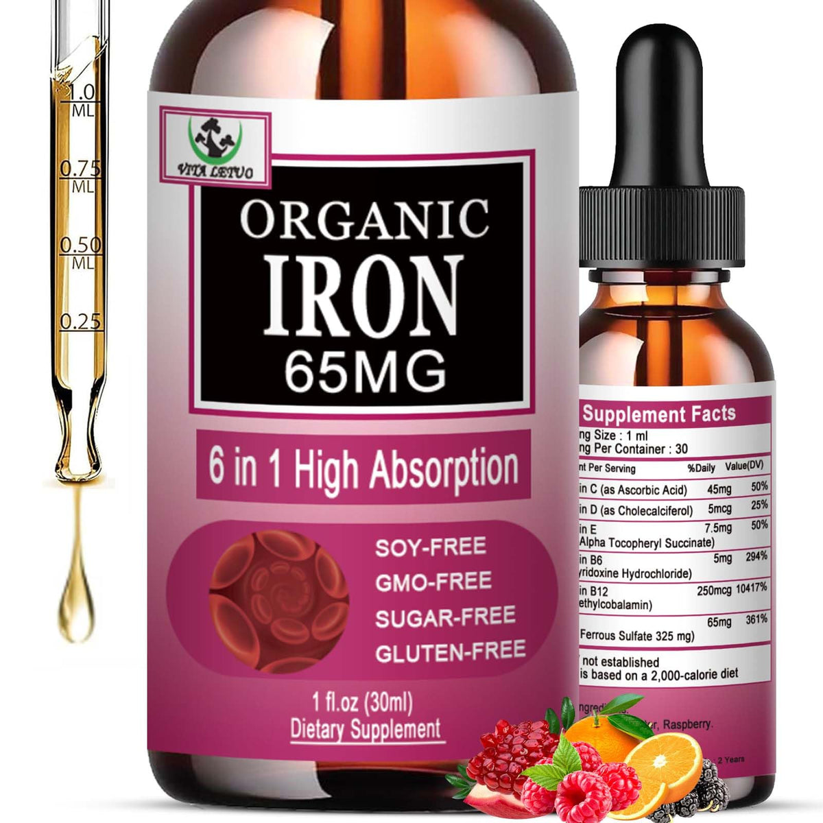 Gouttes de fer Vita Letuo avec vitamine C pour une absorption maximale et énergie potentielle.