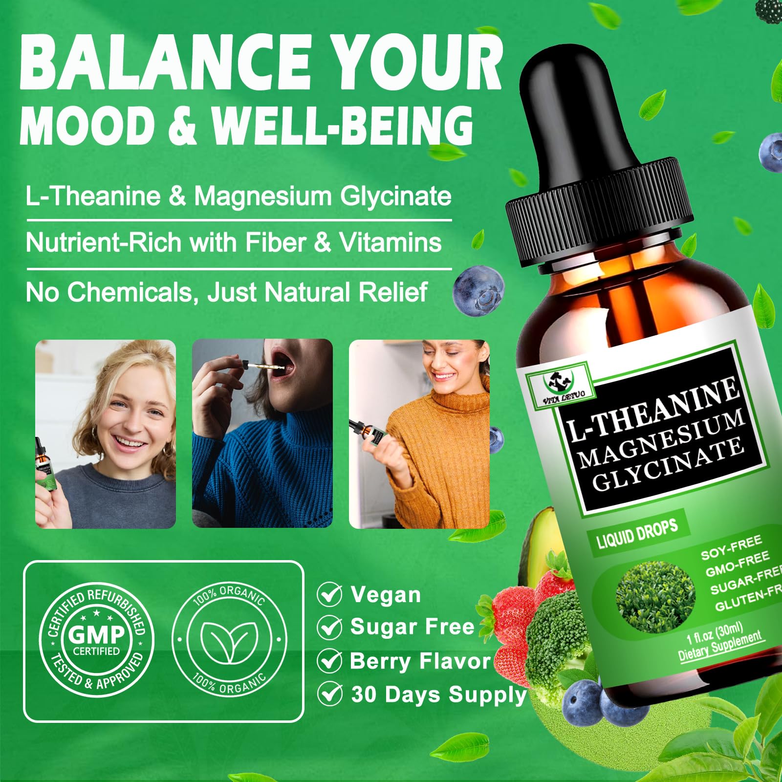 Vita Letuo L-théanine, dosage 200 mg facile à mesurer.