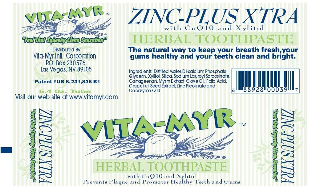 Vita-Myr Zinc+ Dentifrice – pâte mentholée offrant une sensation de fraîcheur durable.