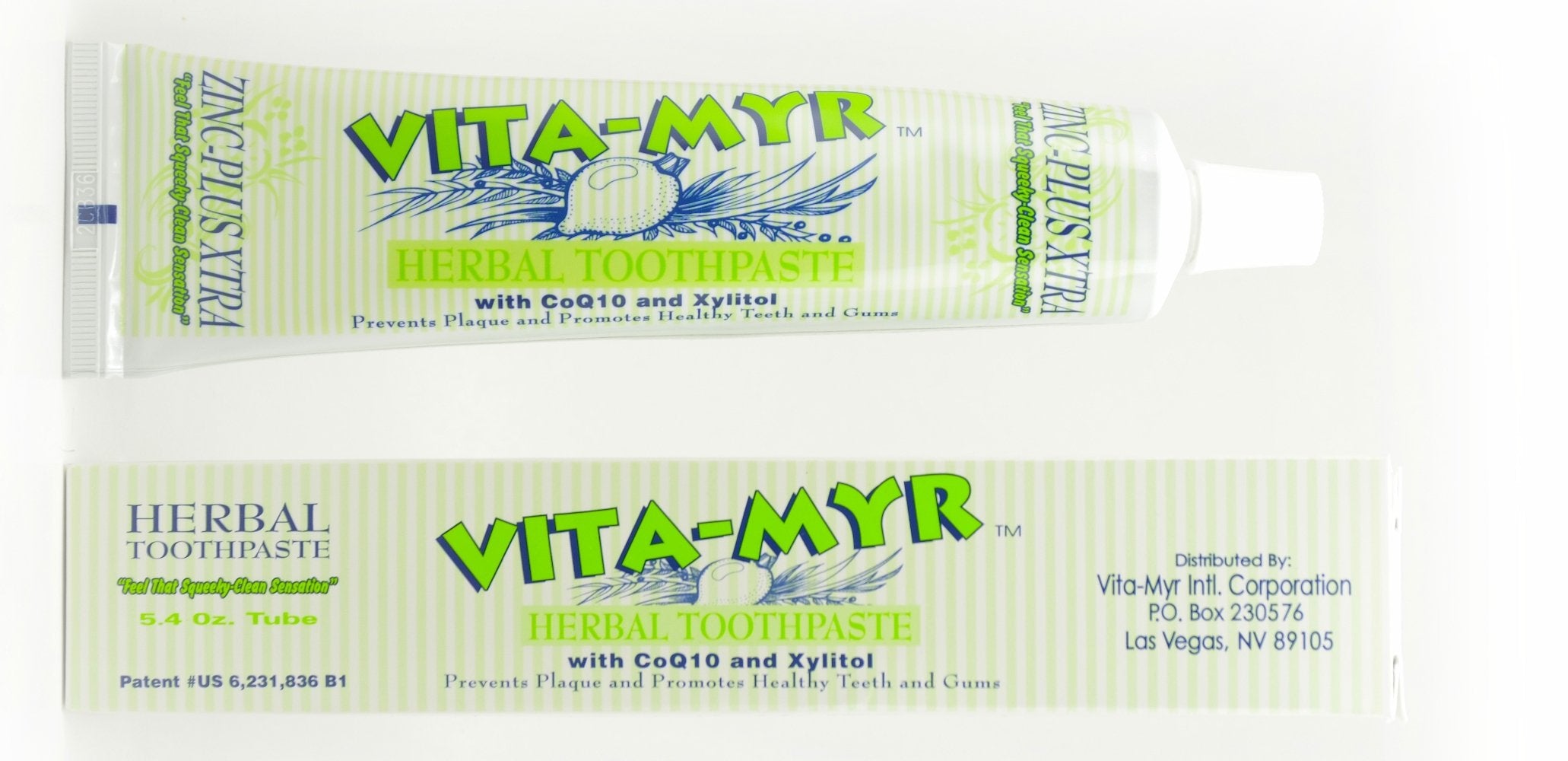Vita-Myr Zinc+ Dentifrice – plan rapproché du tube, texture fraîche et mentholée.