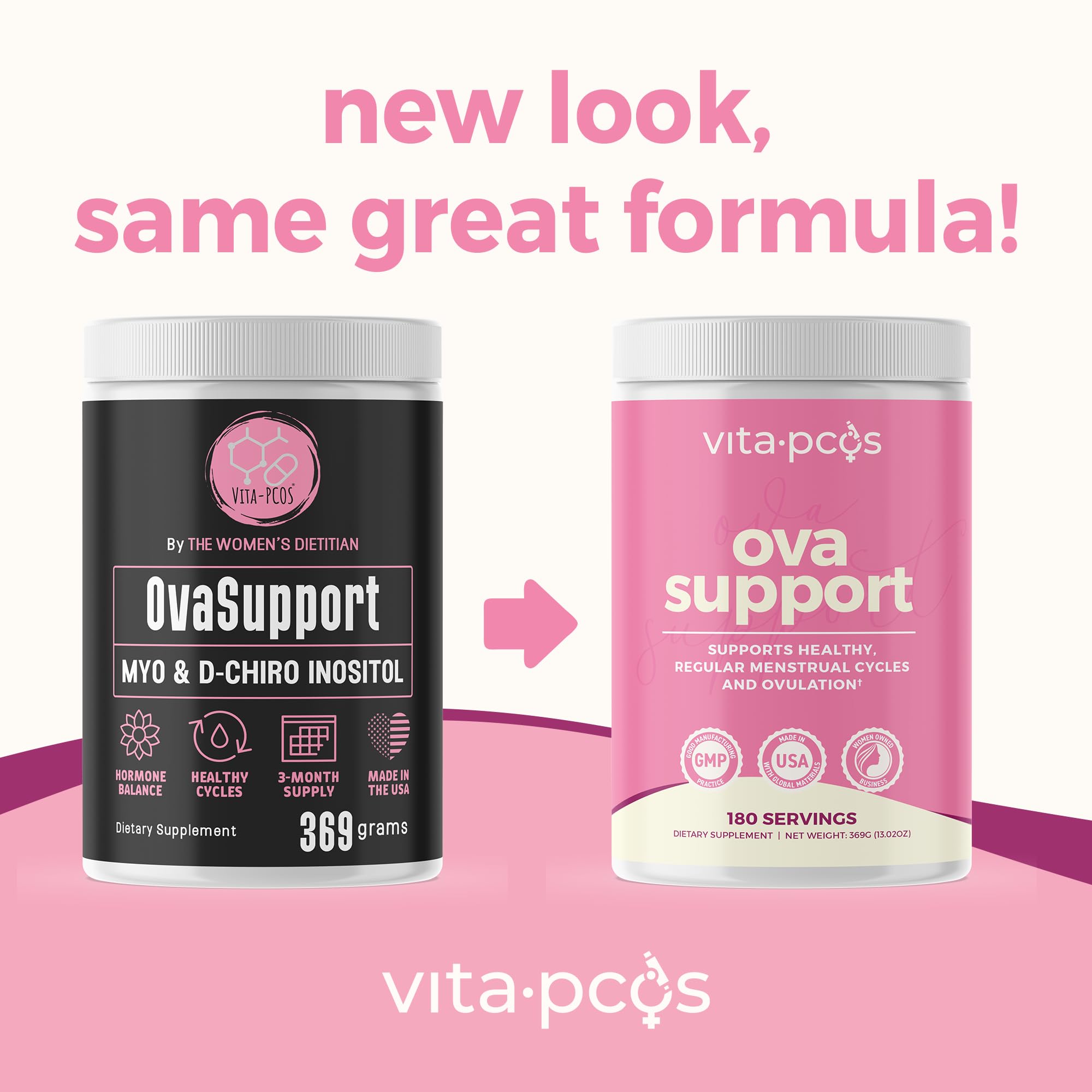 Étiquette VITA-PCOS claire, avec conseils d’utilisation et ingrédients.