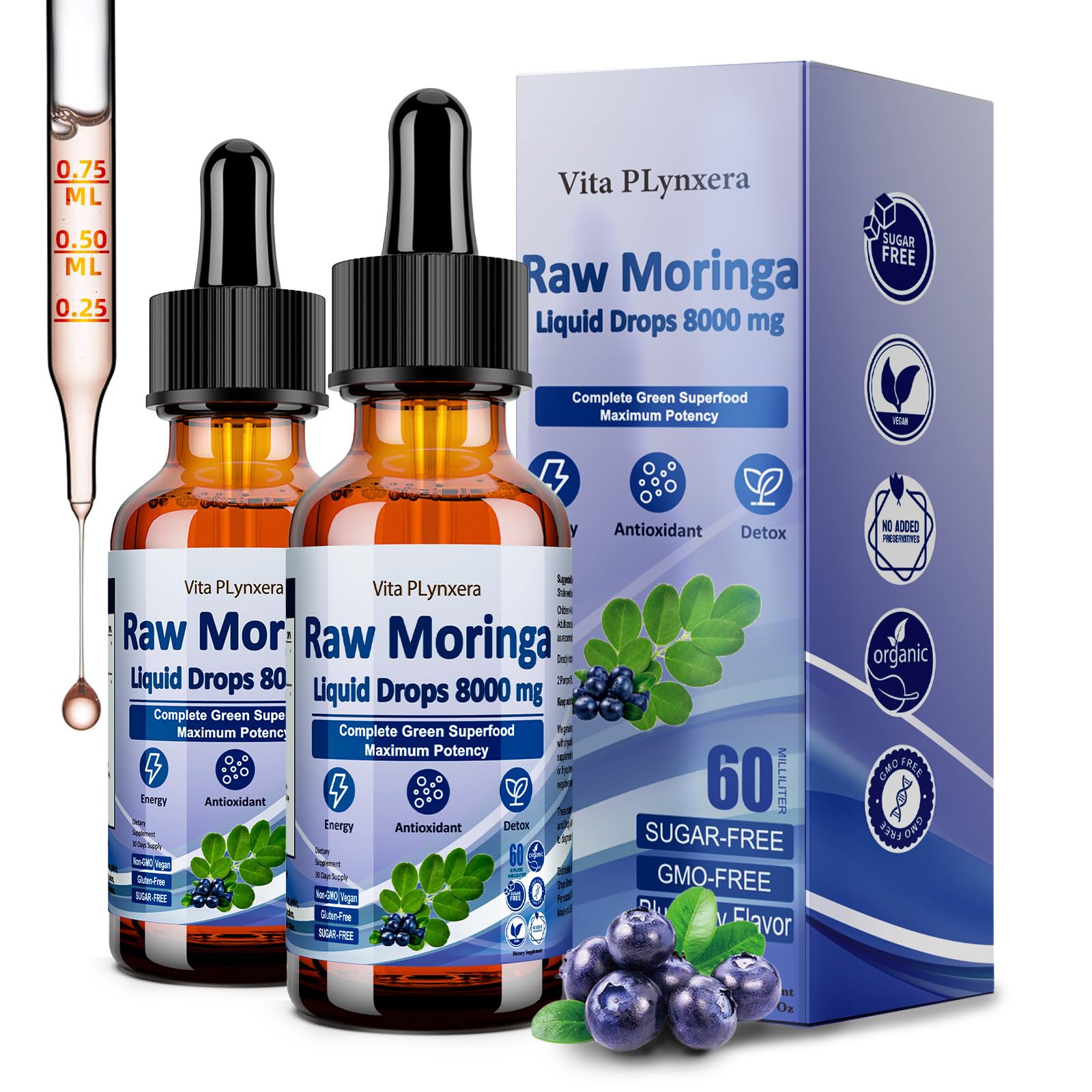 Gouttes Vita Plynxera Moringa dans flacon, énergie naturelle et vitalité.