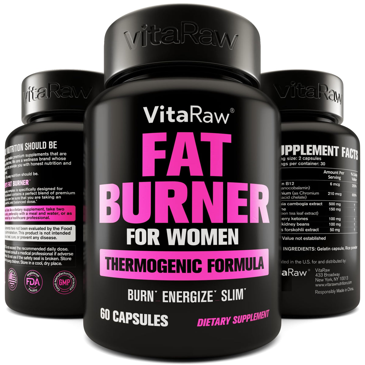 VitaRaw, bouteille de 60 gélules minceur pour femme, soutien léger à la perte de poids.
