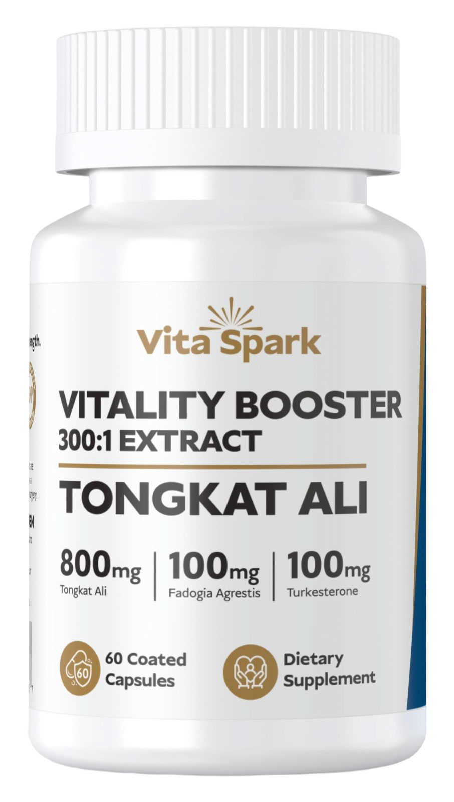 Vita Spark Tongkat Ali 300: capsules visibles dans la bouteille, énergie naturelle et vitalité.