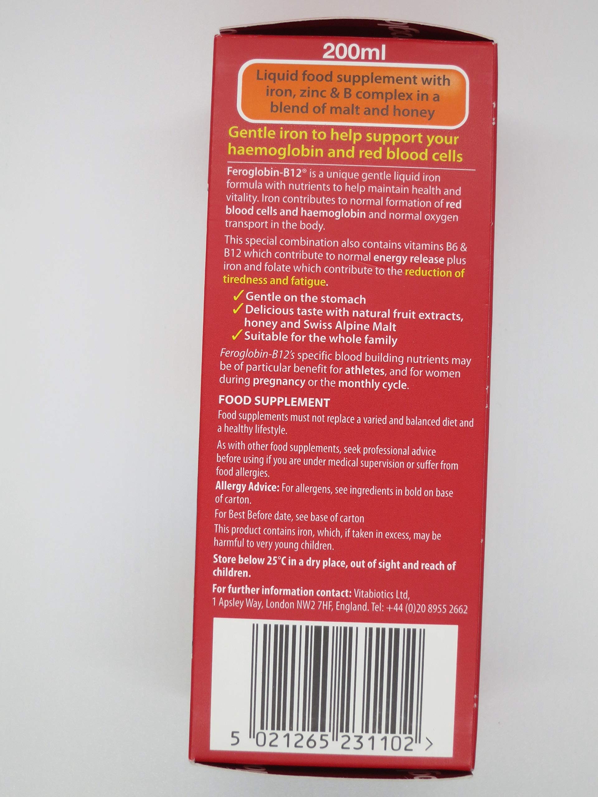 Feroglobin Vitabiotics, étiquette nutritionnelle claire pour suivre les nutriments.