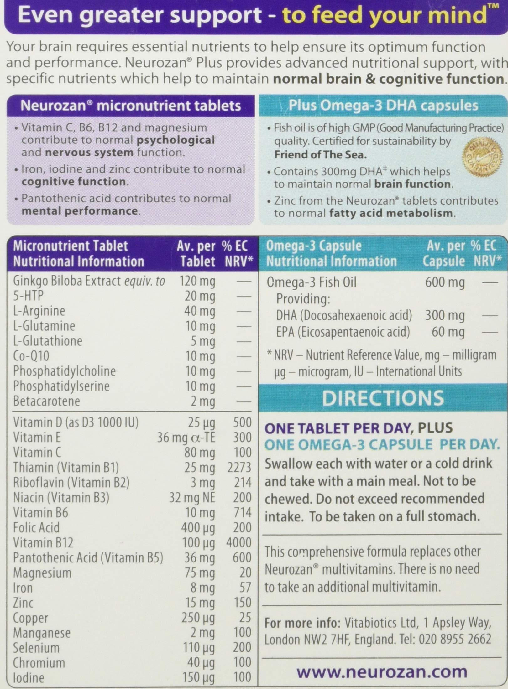 Vitabiotics Neurozan Plus — gélules oméga-3, apport potentiel pour cerveau et yeux.
