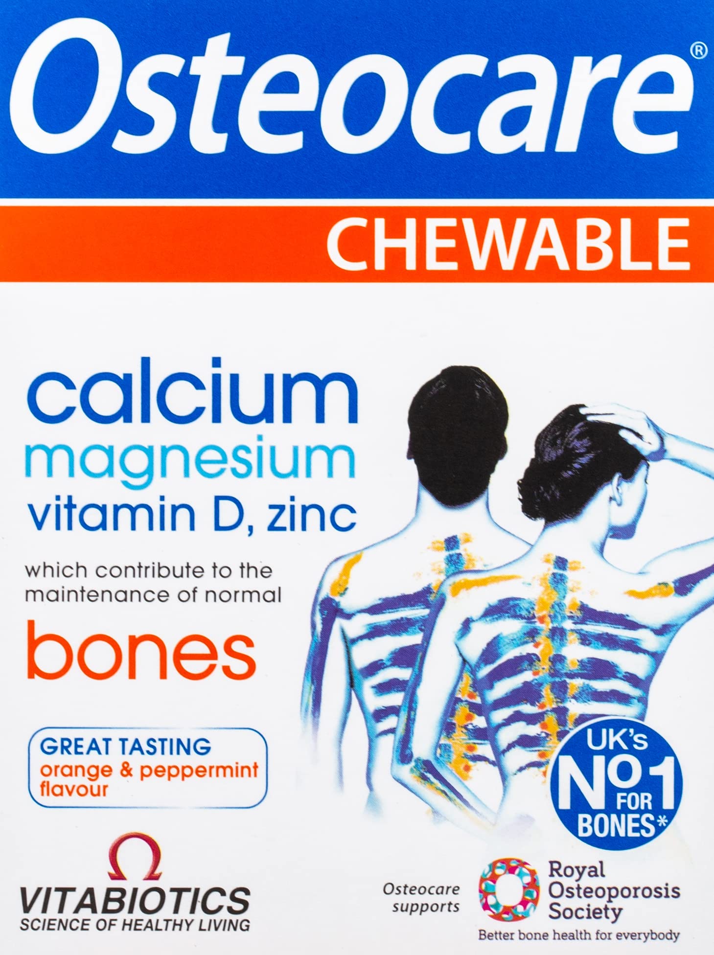 Vitabiotics Osteocare comprimé à mâcher menthe-orange, soutien potentiel à la santé des os.