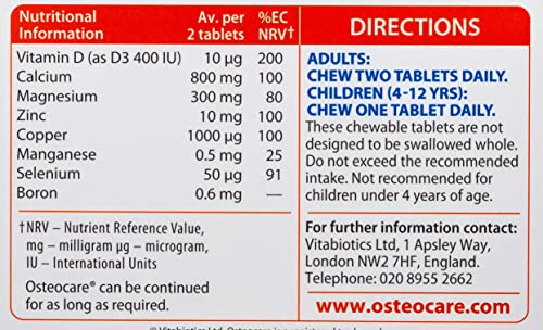 Étiquette Osteocare menthe-orange, présentation claire pour adultes et enfants.