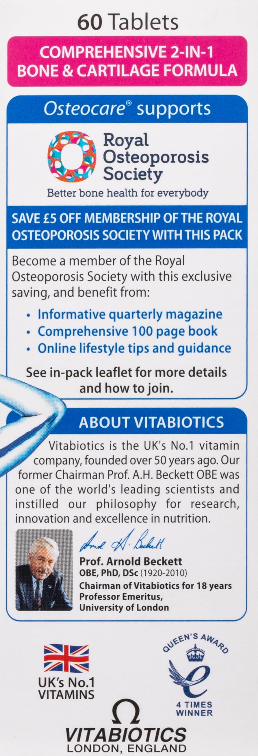 Vitabiotics Osteocare Joint dosage quotidien affiché sur notice.