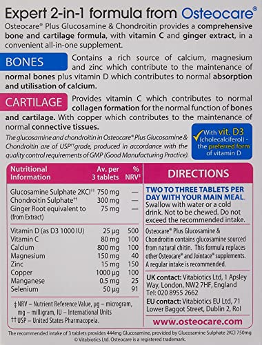 Vitabiotics Osteocare Joint tablettes près de l emballage, formulation glucosamine et chondroïtine.