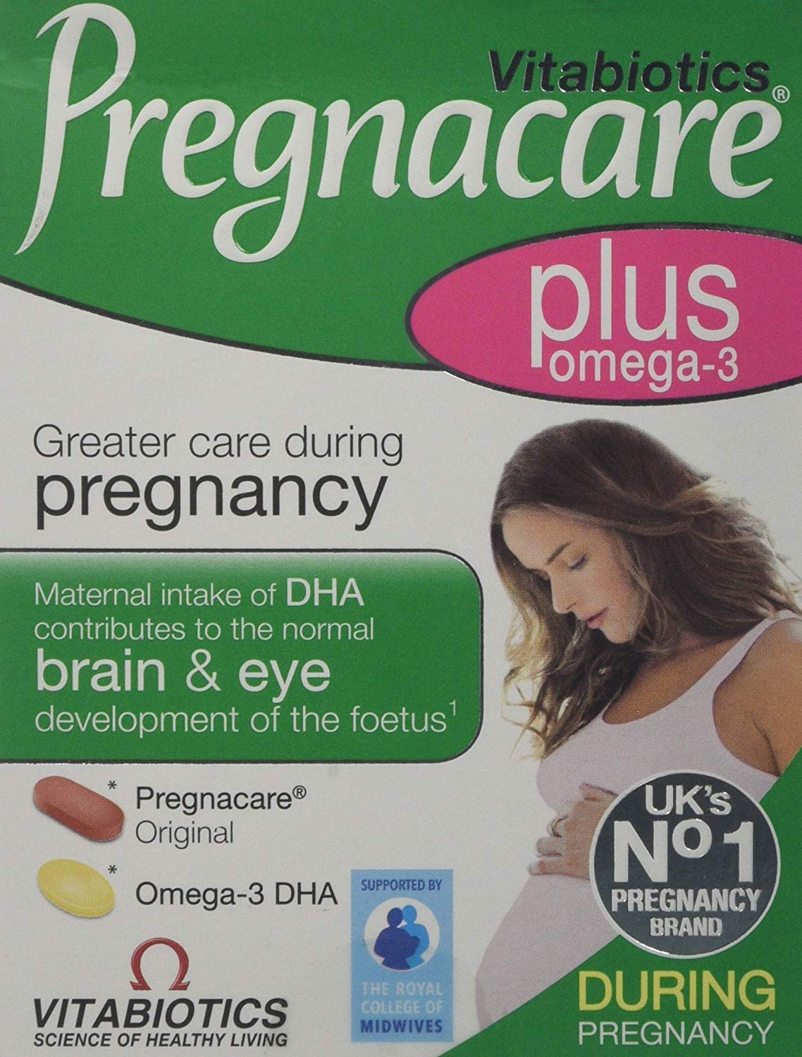 Vitabiotics Pregnacare Plus Omega 3 – image produit montrant les tablettes et l’apport nutritionnel pendant grossesse.