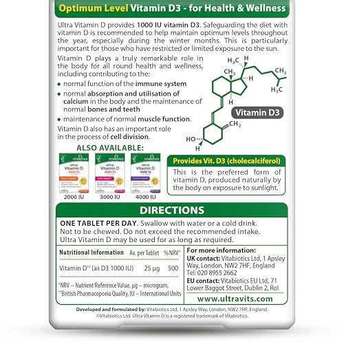 Etiquette claire de Vitabiotics Ultra D3 avec informations utiles