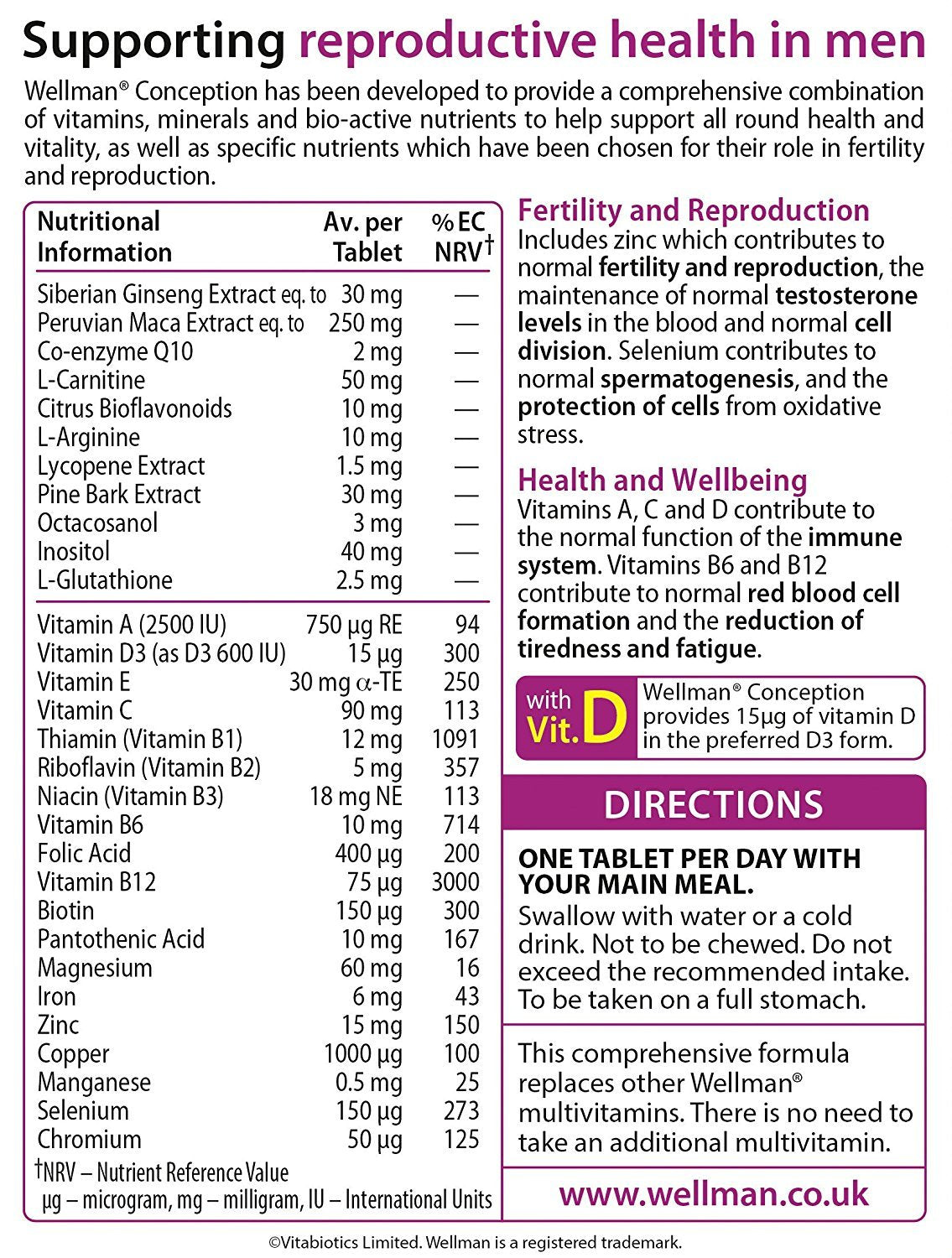 Vitabiotics Wellman Conception – emballage clair et pratique pour une prise facile.