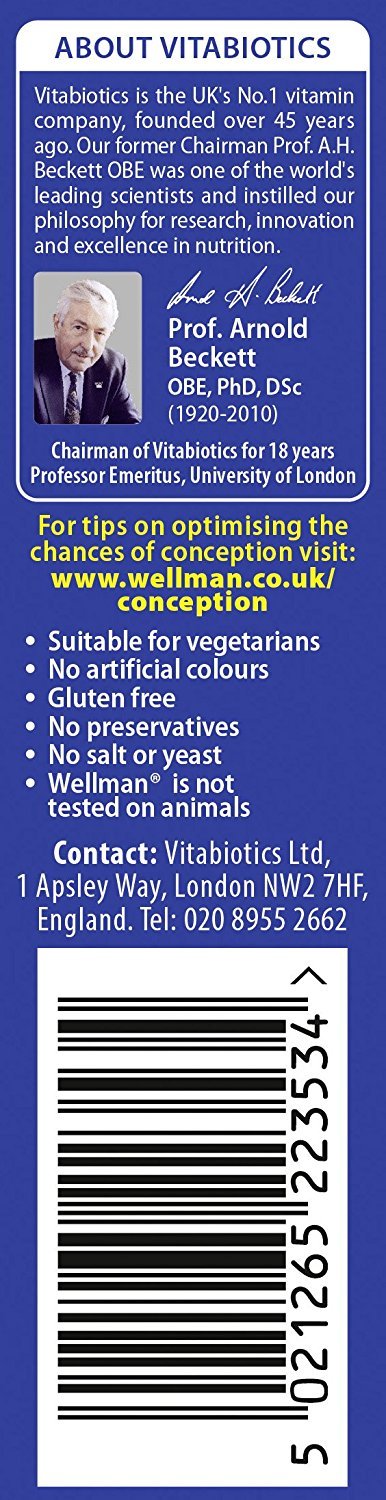 Vitabiotics Wellman Conception – ingrédients clés mis en valeur, soutien nutritionnel.