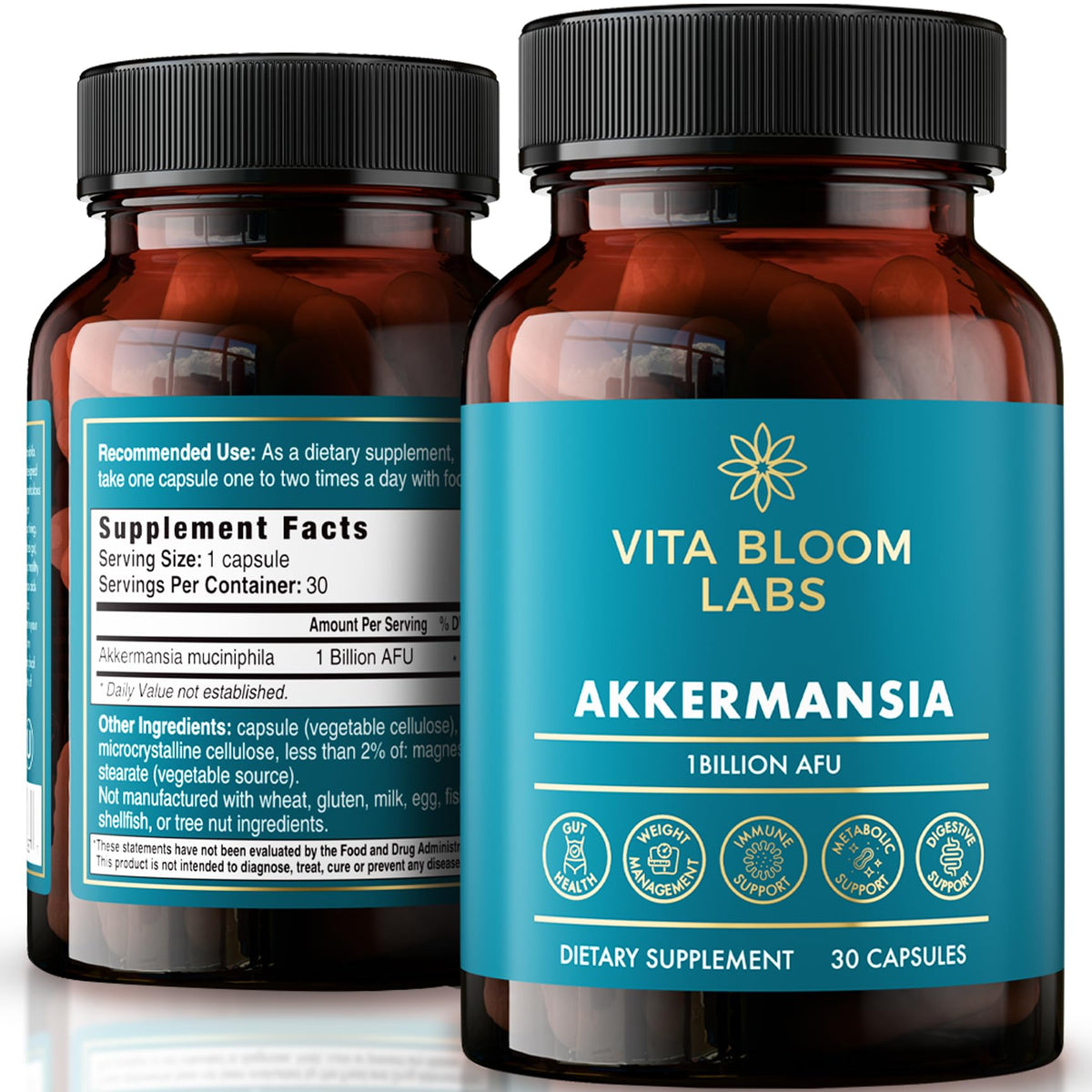 Vitabloom Labs Akkermansia – Bouteille visible, soutien potentiel du microbiome et confort digestif