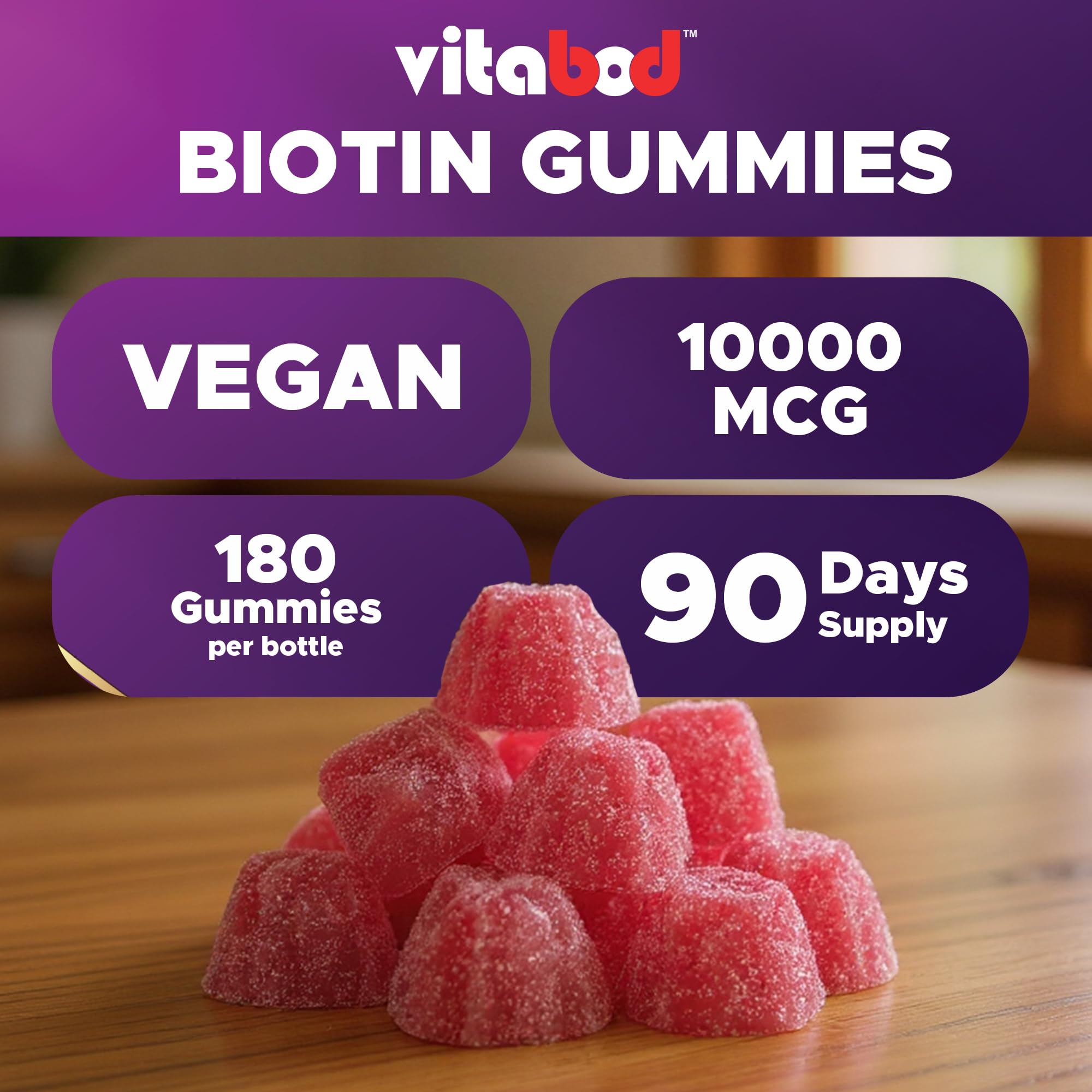 Étiquette Vitabod Biotine indiquant l'absence d'OGM et de gluten.