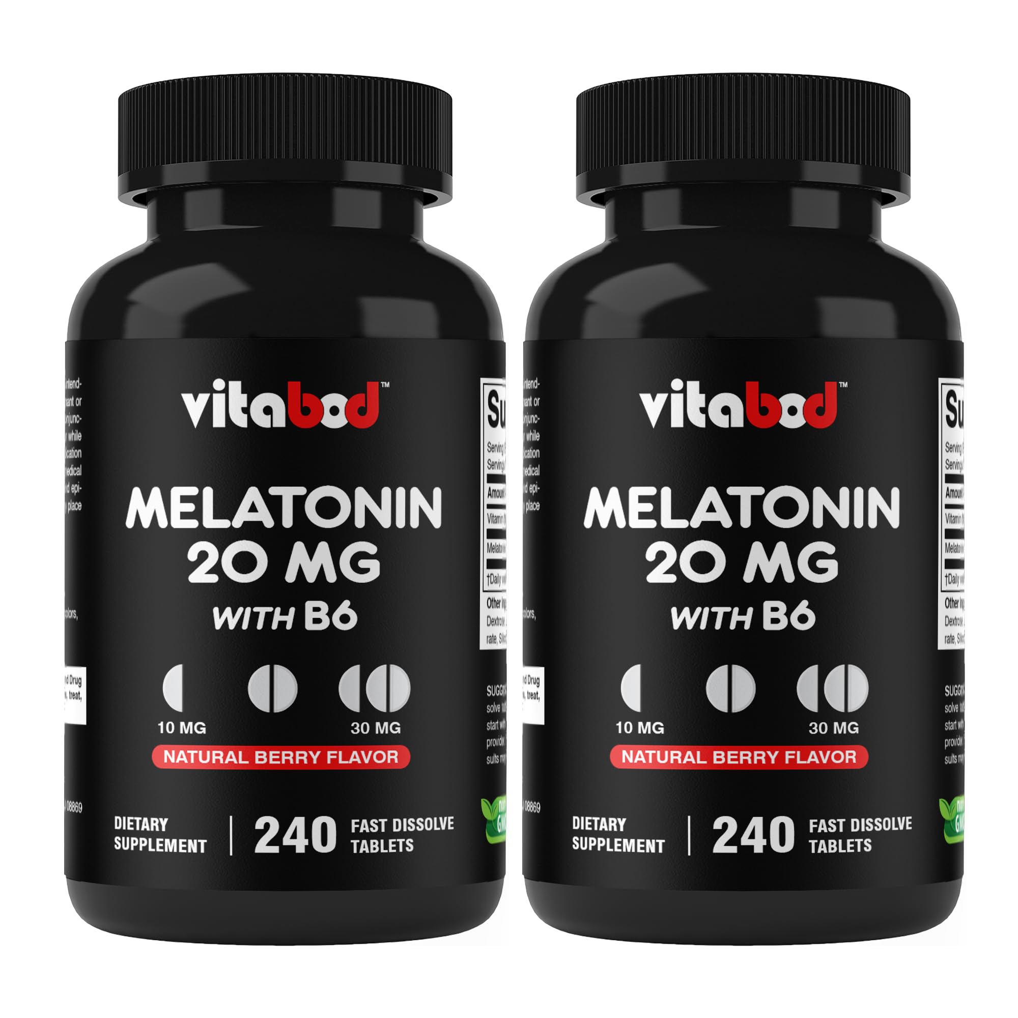Vitabod Mélatonine 20 mg — Bouteille et étiquette, soutien naturel au sommeil.