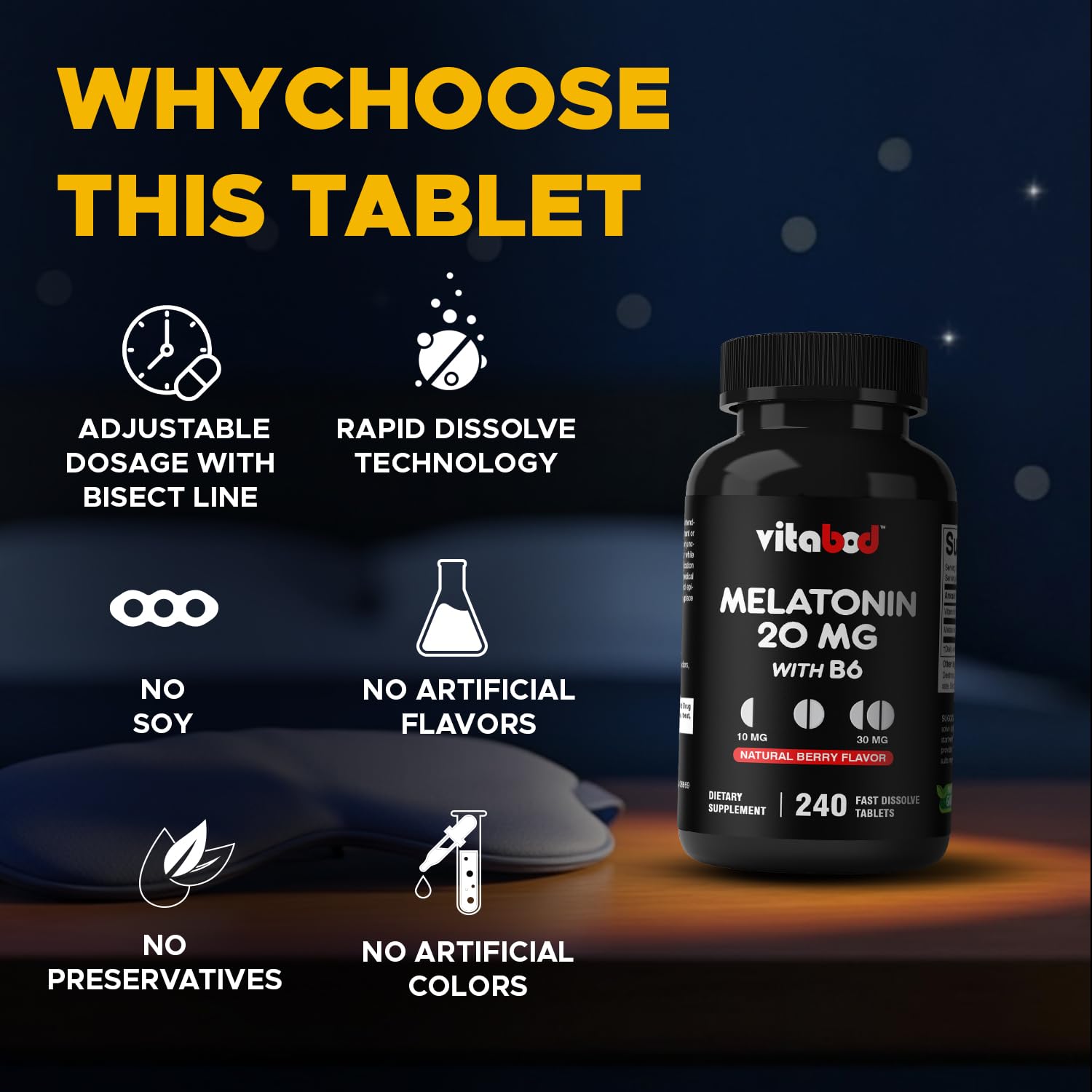 Vitabod Melatonine 20 mg, comprimés faciles à couper pour dosages flexibles.