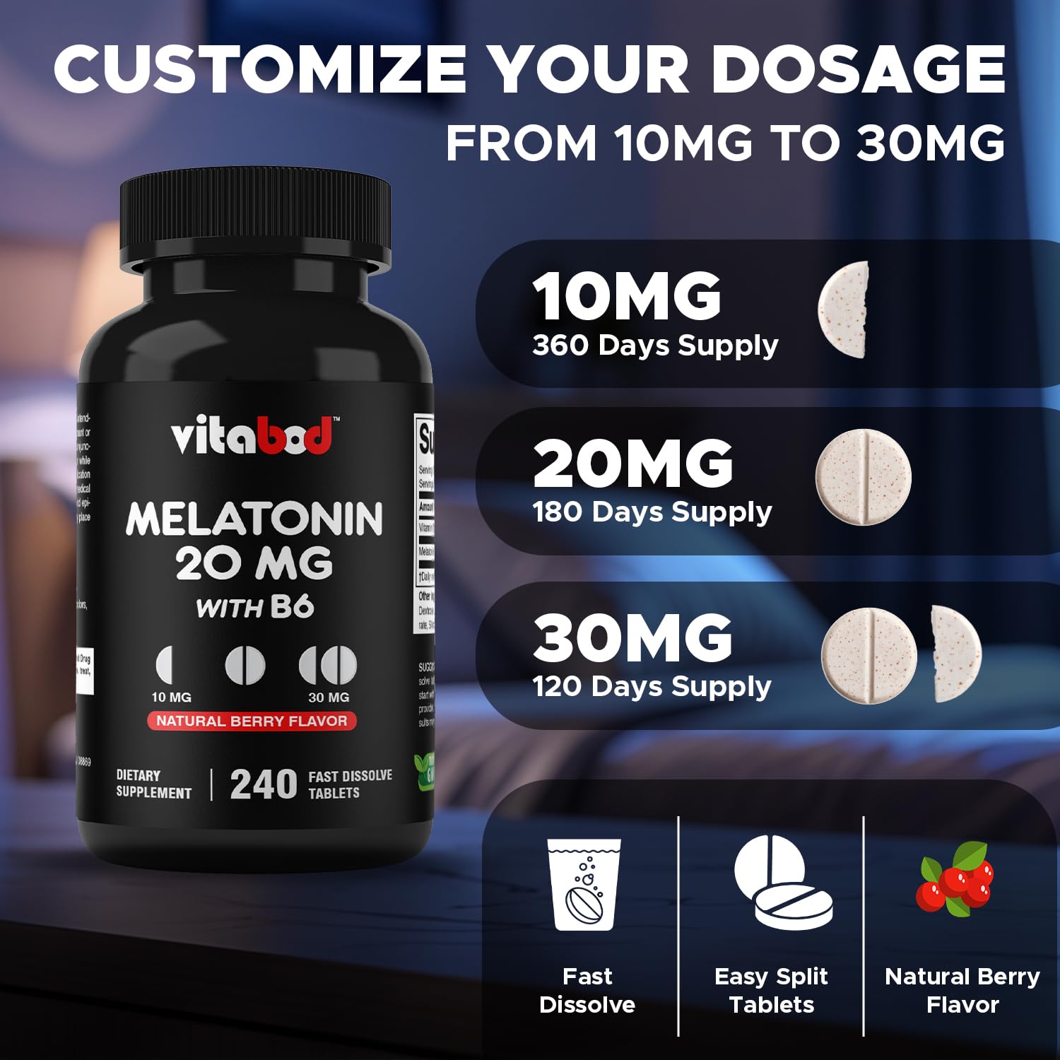 Vitabod Melatonine: sans gluten, végétarien et Non-GMO pour une consommation consciente.