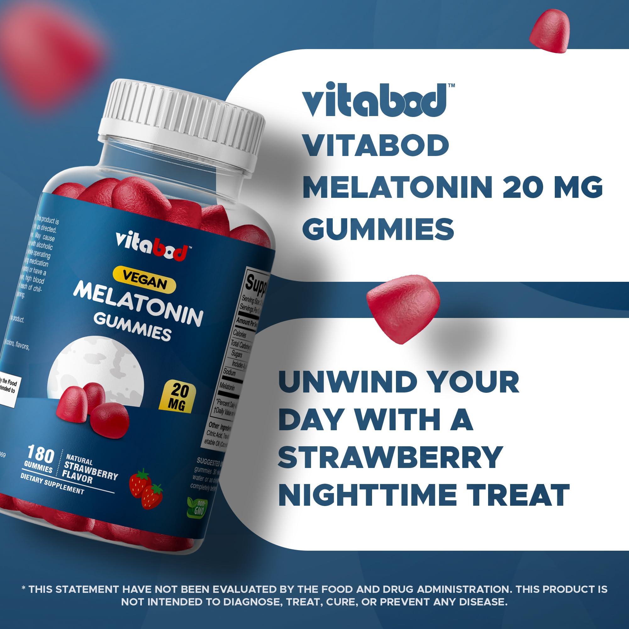 Vitabod Mélatonine Gummies végétarien, sans OGM et sans gluten.