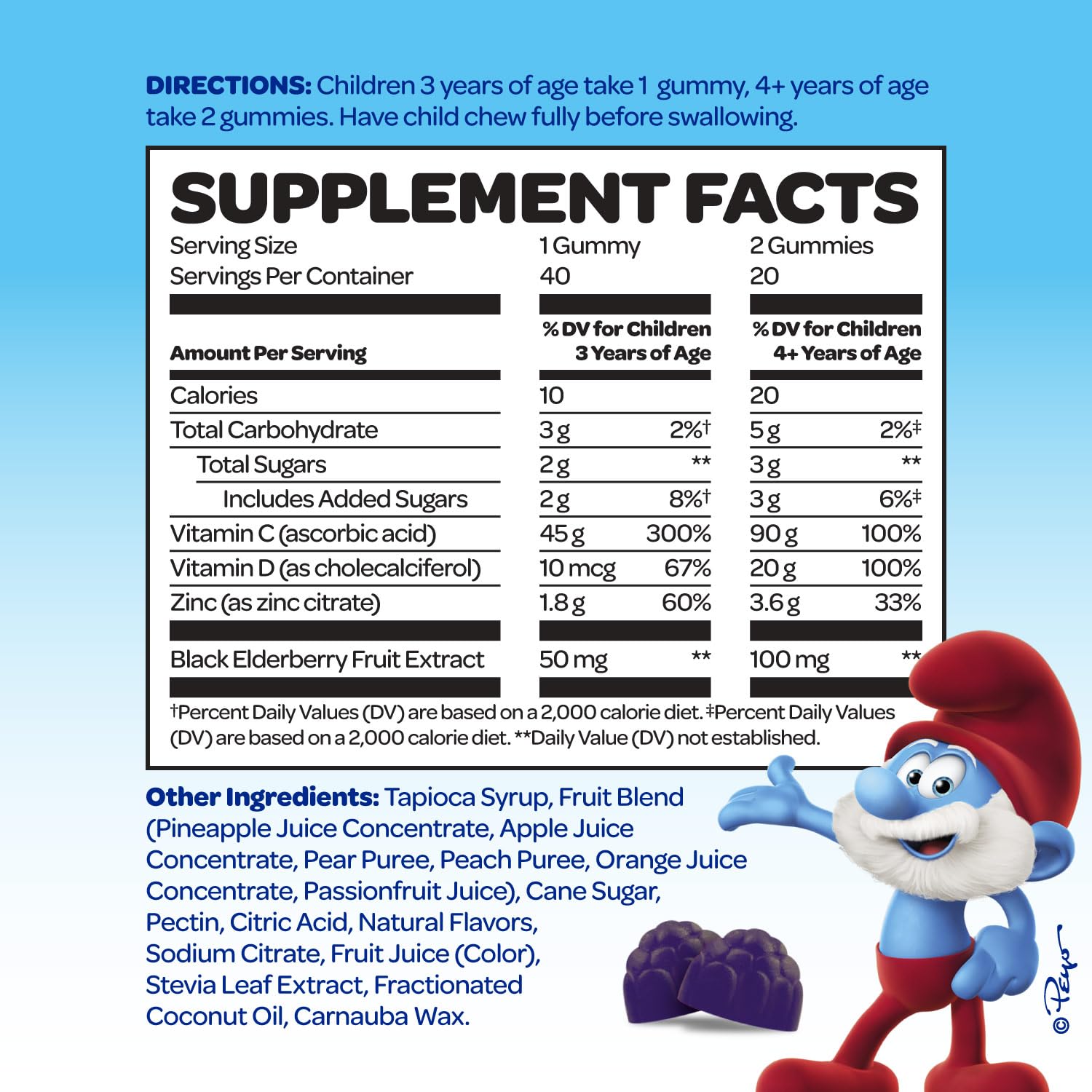 Smurfs Enfants Gommes Immunité, fruits réels, goût fruité pour soutenir les routines.