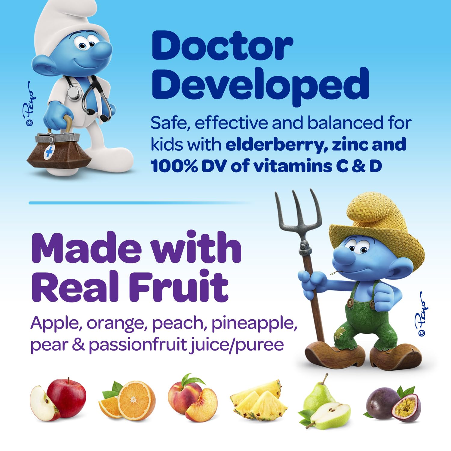 Smurfs Enfants Gommes Immunité sans additifs, goût fruité et sans artificiels.