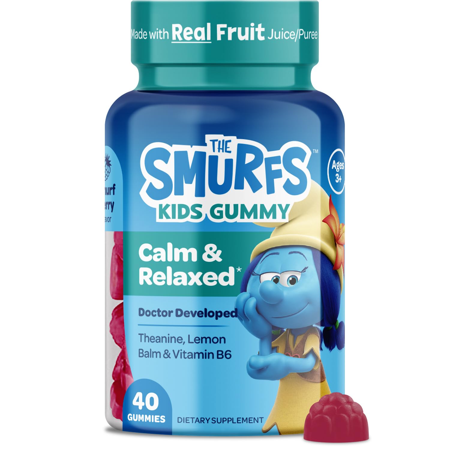 Gommes Smurfs Kids Calm de VITABURST dans l’emballage, calme pendant les devoirs.