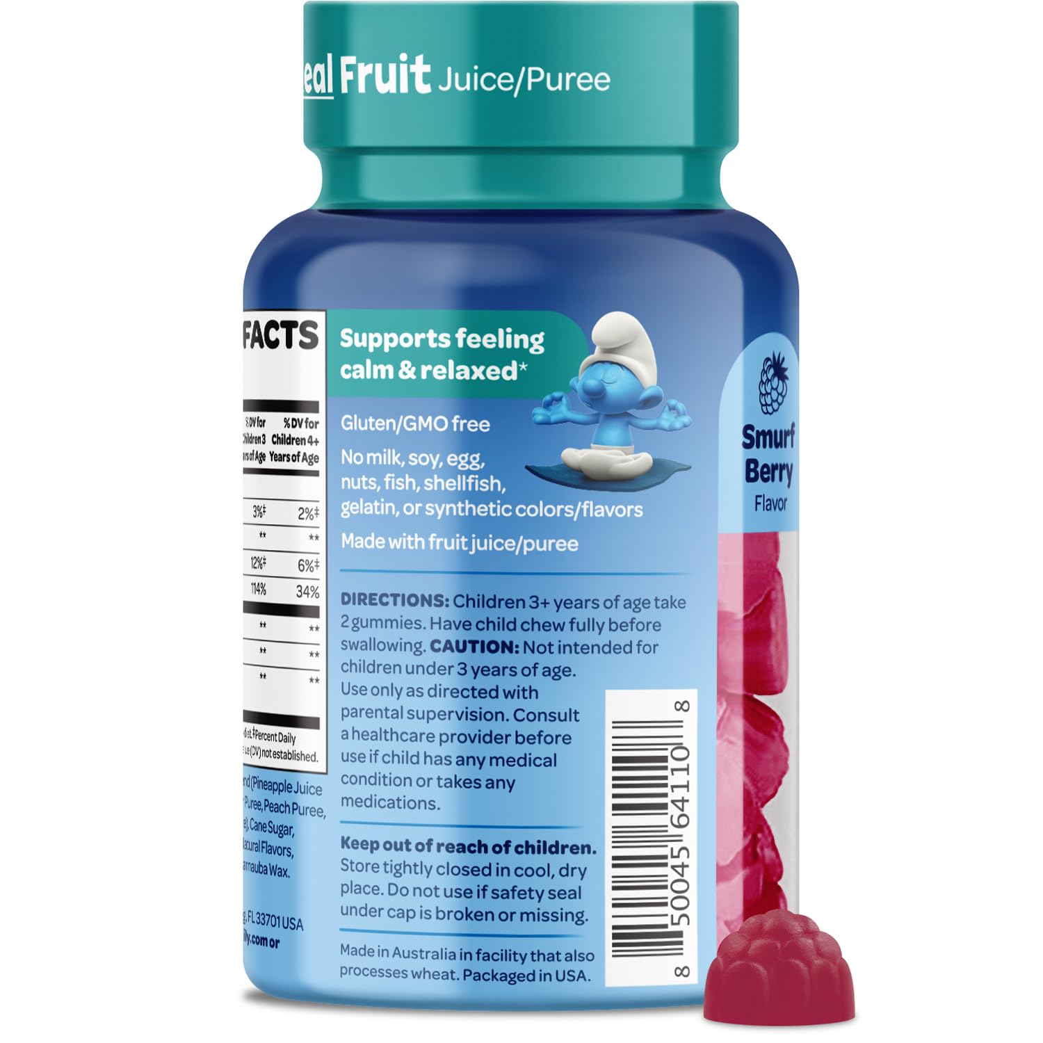 Étiquette indiquant sans gélatine et sans colorants artificiels, clarté produit.