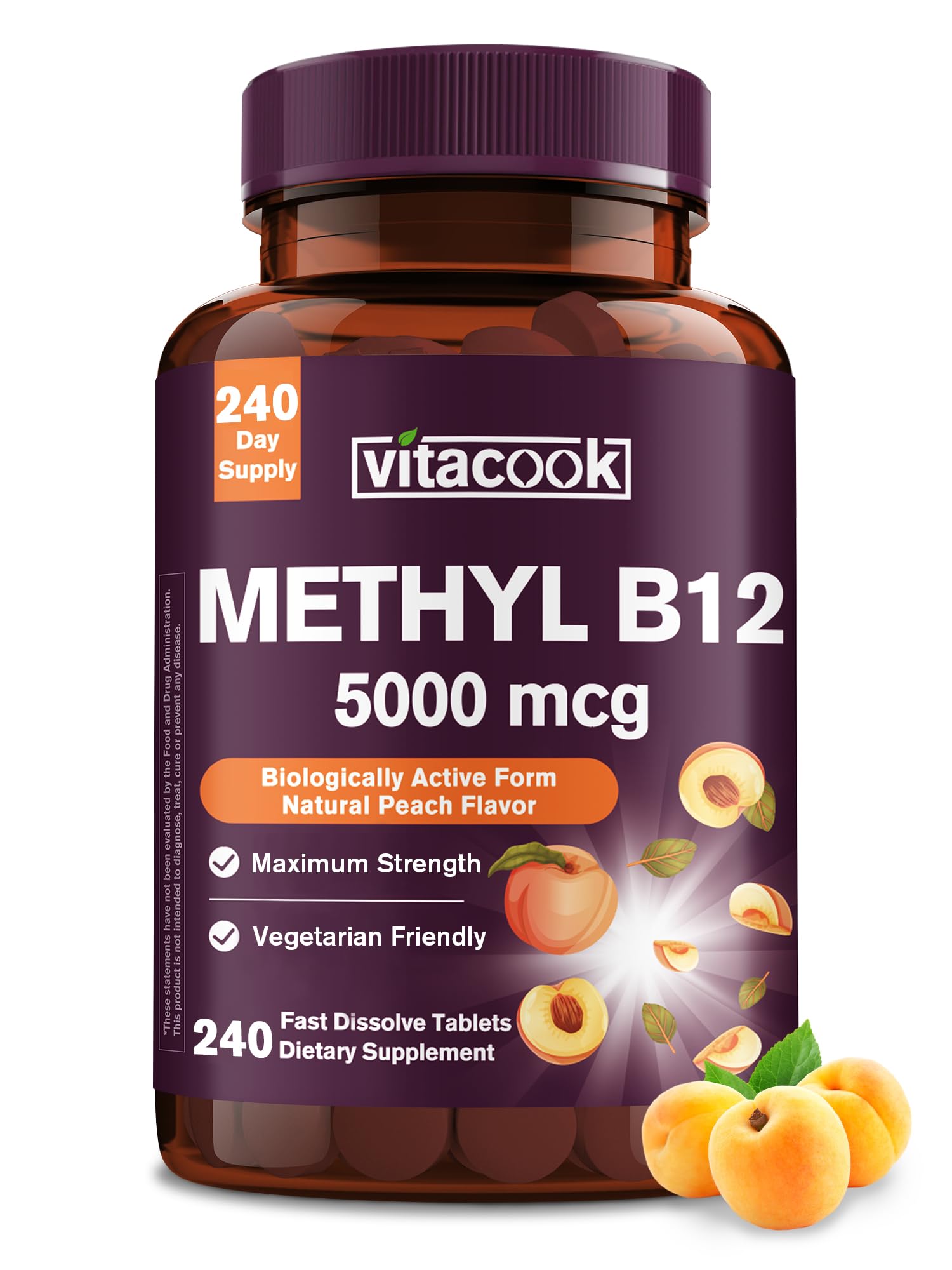 Vitacook B12 saveur pêche, comprimé sublingual facile à prendre tout au long de la journée.