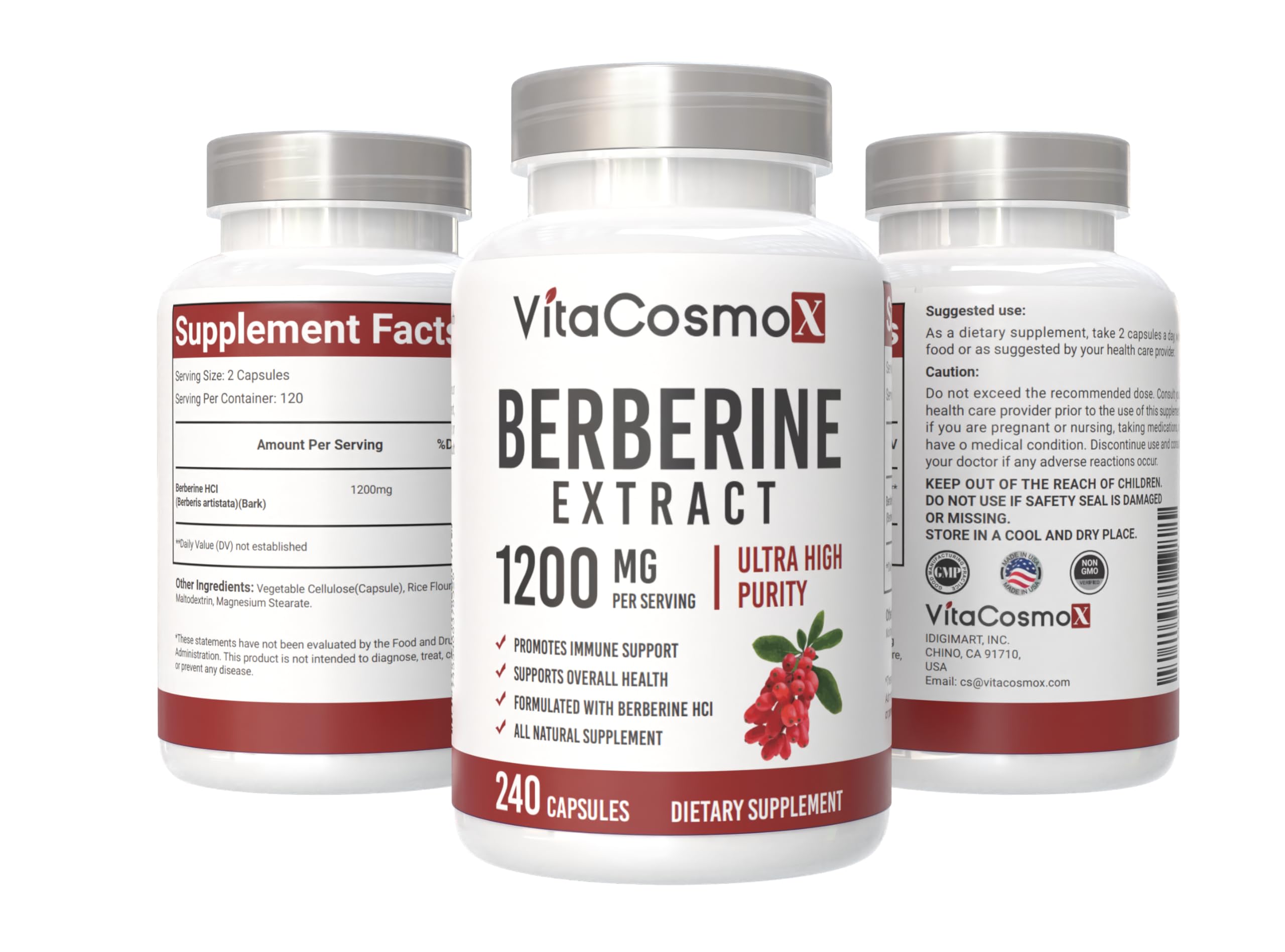 VitaCosmoX Berberine HCL bouteille compacte : transport facile et usage rapide