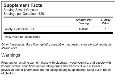 Vitacost Acétyl-L-Carnitine HCl, gélules visibles, soutien cognitif et endurance.