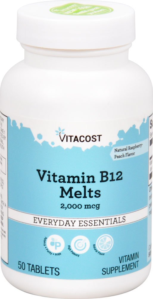 Vitacost B12 2000 mcg, bouteille de comprimés fondants goût framboise-pêche, soutien potentiel à l'énergie.