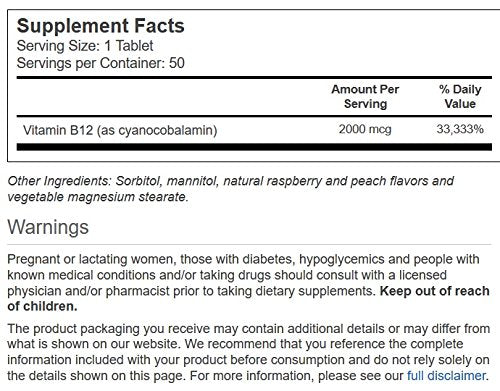 Vitacost B12 2000 mcg, comprimés fondants goût framboise-pêche, usage quotidien possible pour concentration.