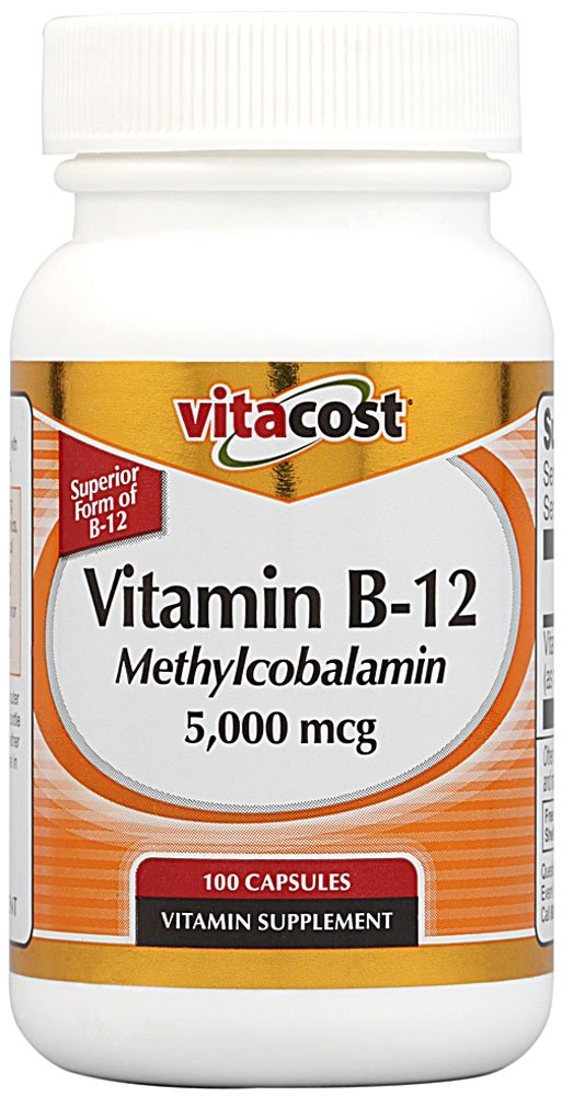 Vitacost B12 méthylcobalamine, bouteille de 5000 mcg, soutient énergie et concentration au quotidien.