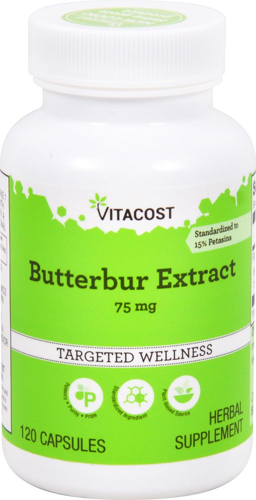 Vitacost Butterbur Extract – bouteille et gélules visibles, soutien potentiel au quotidien.
